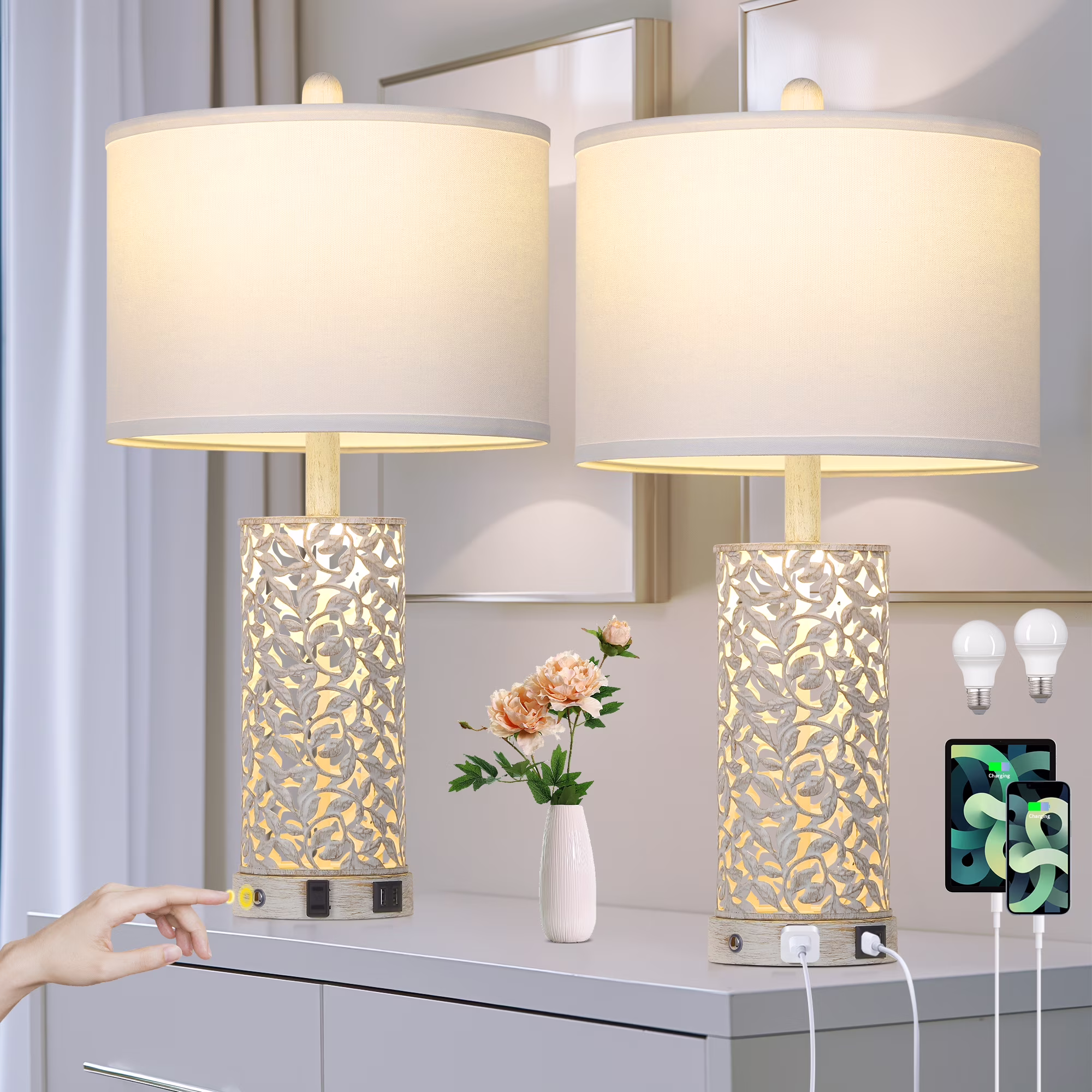 Table Lamp Set of 2 for Living Room Bedroom with USB Ports AC Outlet 3 Way Dimmable Touch Nightlight Farmhouse White Floral Nightstand Bedside Lamps(White Floral(12.6" x 12.6" x 24.5))
