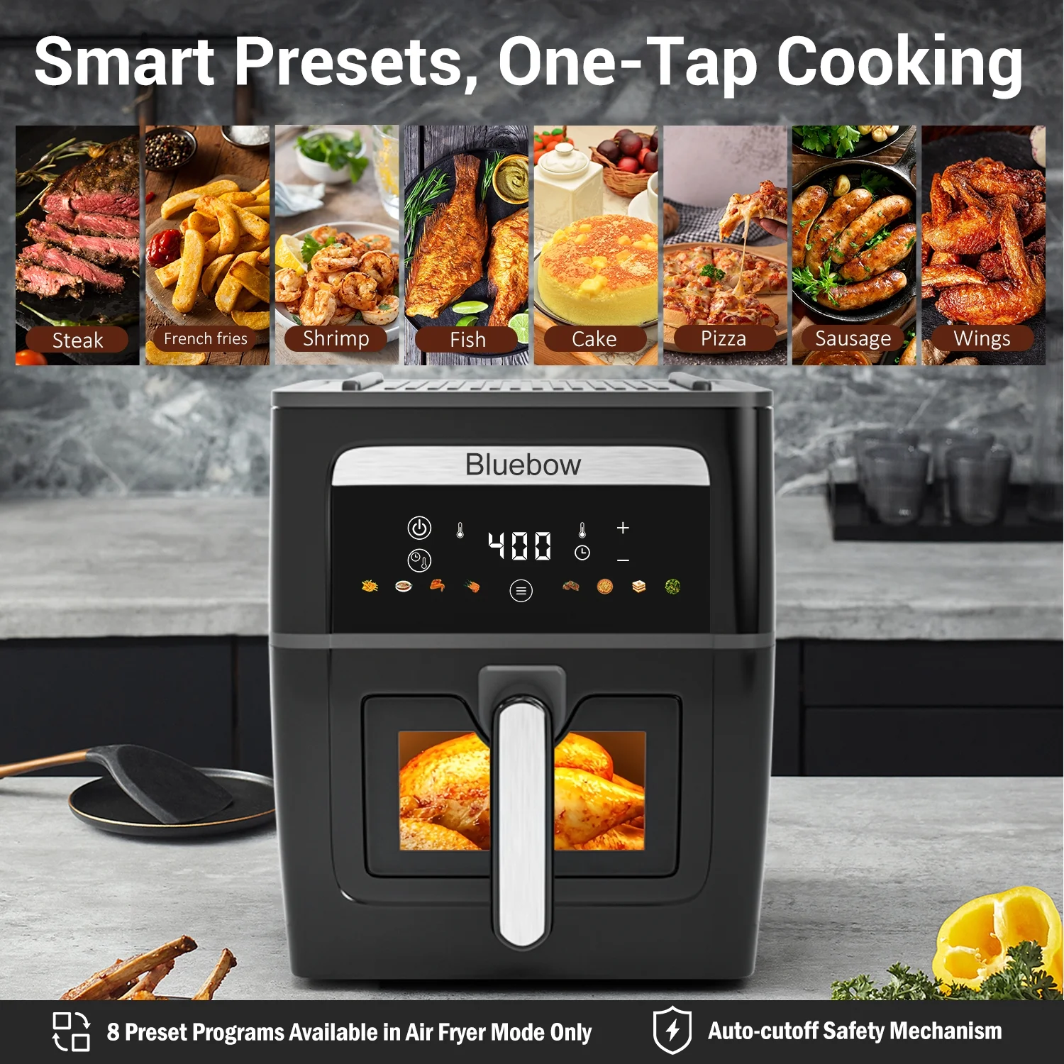 Bluebow 9QT Air Fryer & Grill Pan Combo, Large Capacity, 8 Preset Functions, Non Toxic, Non - Stick, View Window, Black