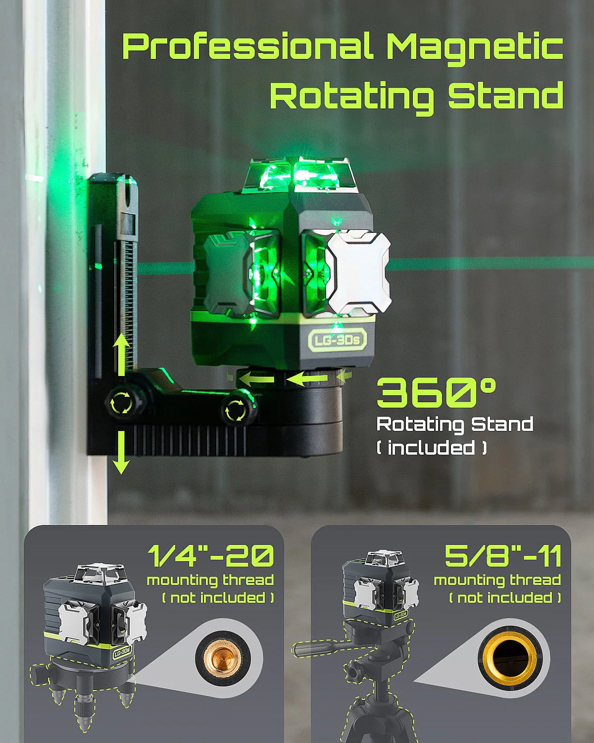 Laser Level 3x360�� LASGOO with Remote Control, 2 Rechargeable Batteries, 100FT Range, 360�� Magnetic Rotating Stand, IP54, 3Ds