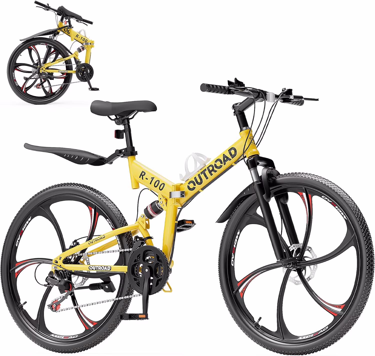 SUNCROWN 26 Inch Folding Mountain Bike, 21 Speed Full Suspension High-Carbon Steel MTB Foldable Bicycle, Dual Disc Brake Non-Slip Folding Bikes for Adults/Men/Women, Black