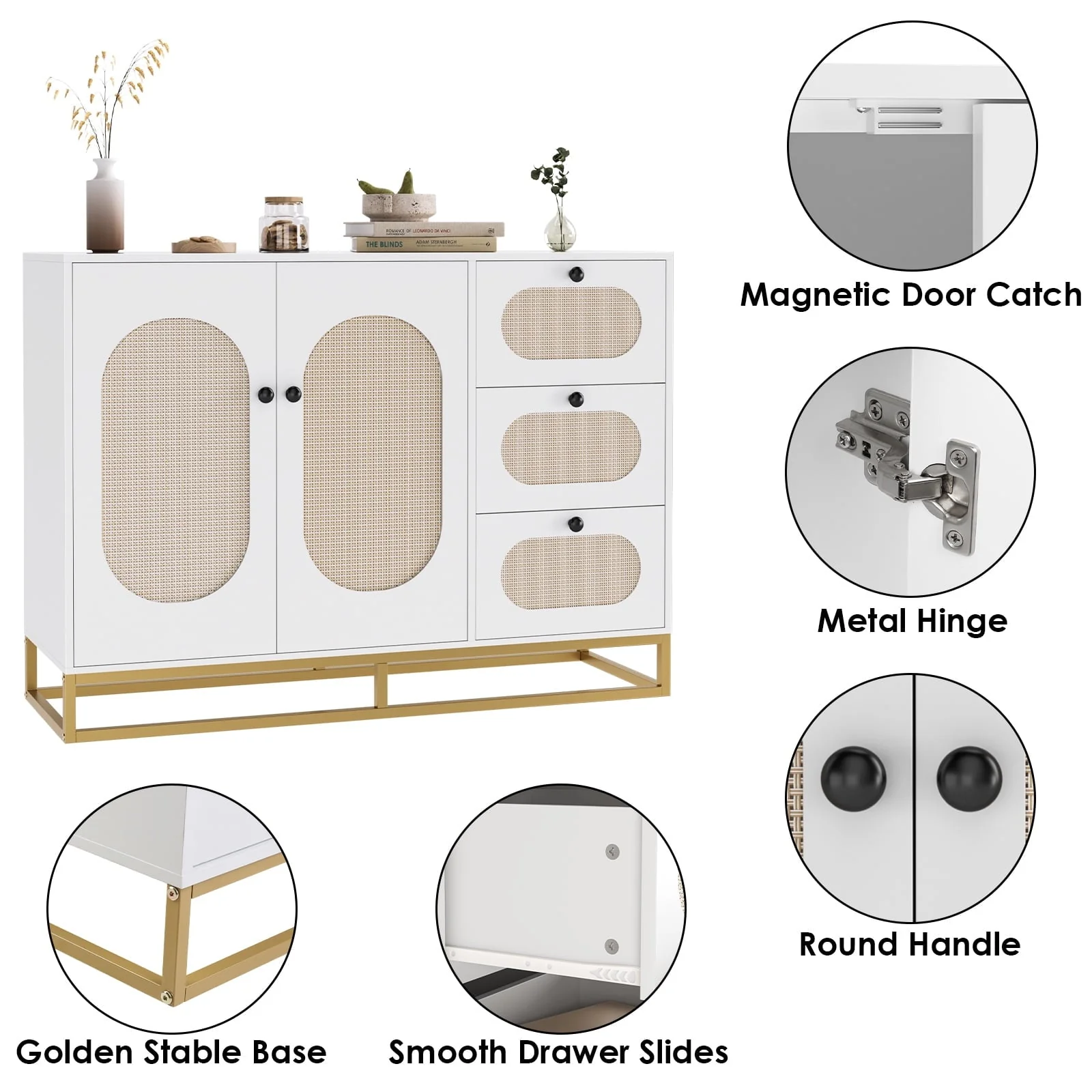 3 Drawers Accent Storage Cabinet, 34 2"H Gold Buffet Sideboard with Rattan Doors for Living Room, White Image 9