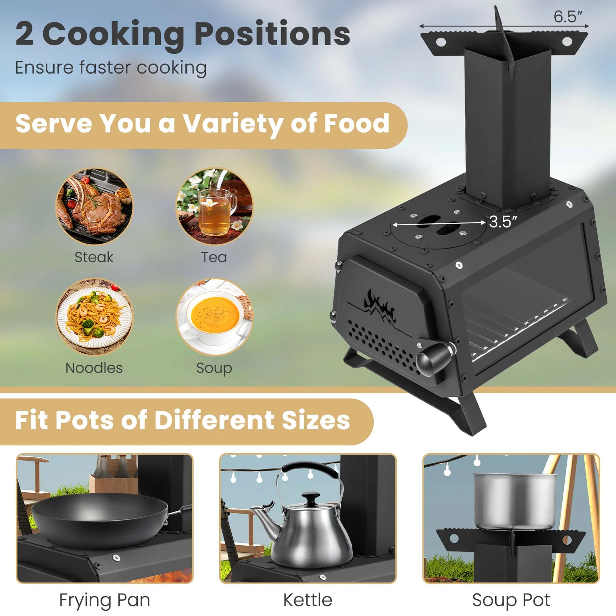Portable Wood Camping Stove with 2 Cooking Positions(B) Image 7
