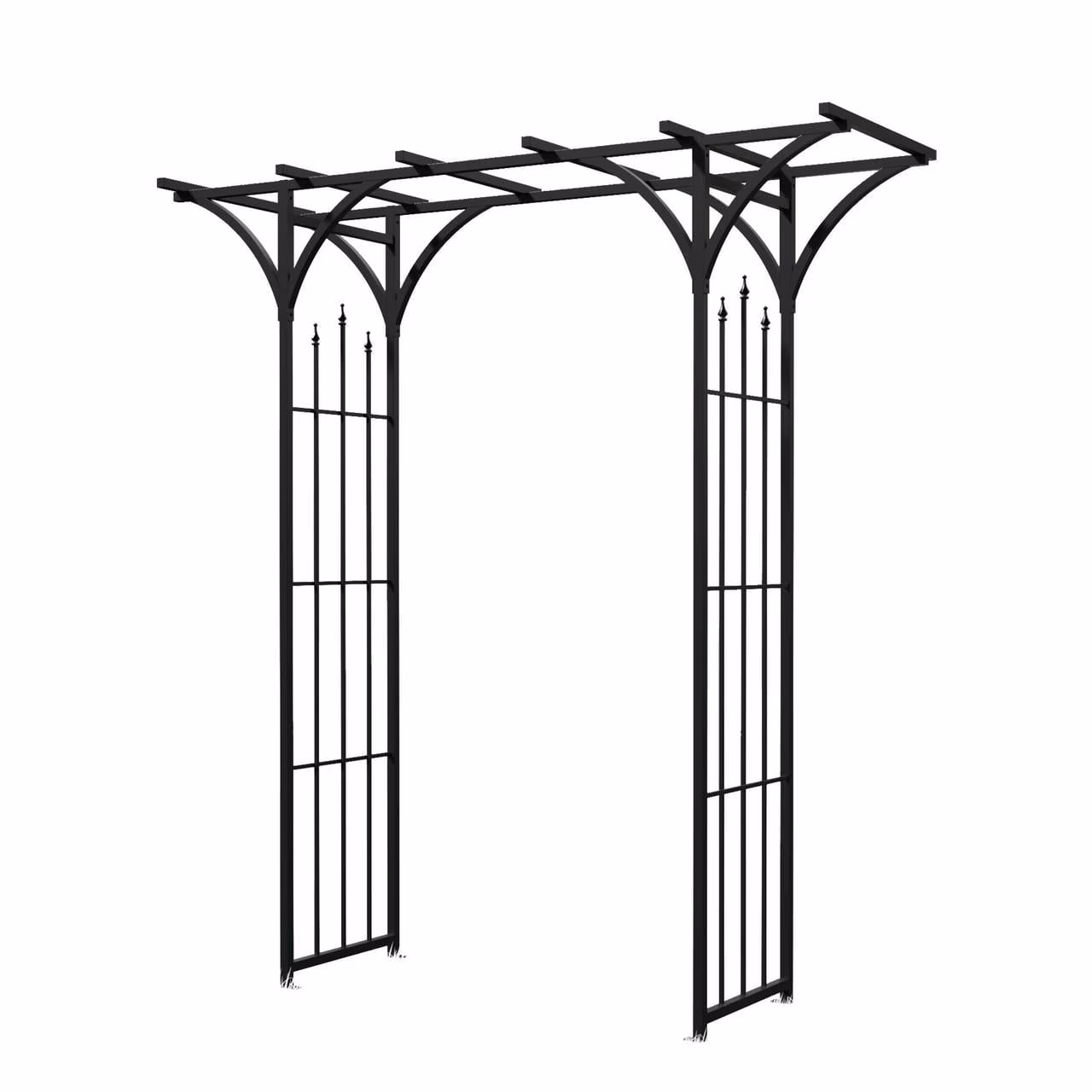 Panacea 89088 Black Steel Flat Top Garden Arbor with Finials, Weatherproof Metal Structure