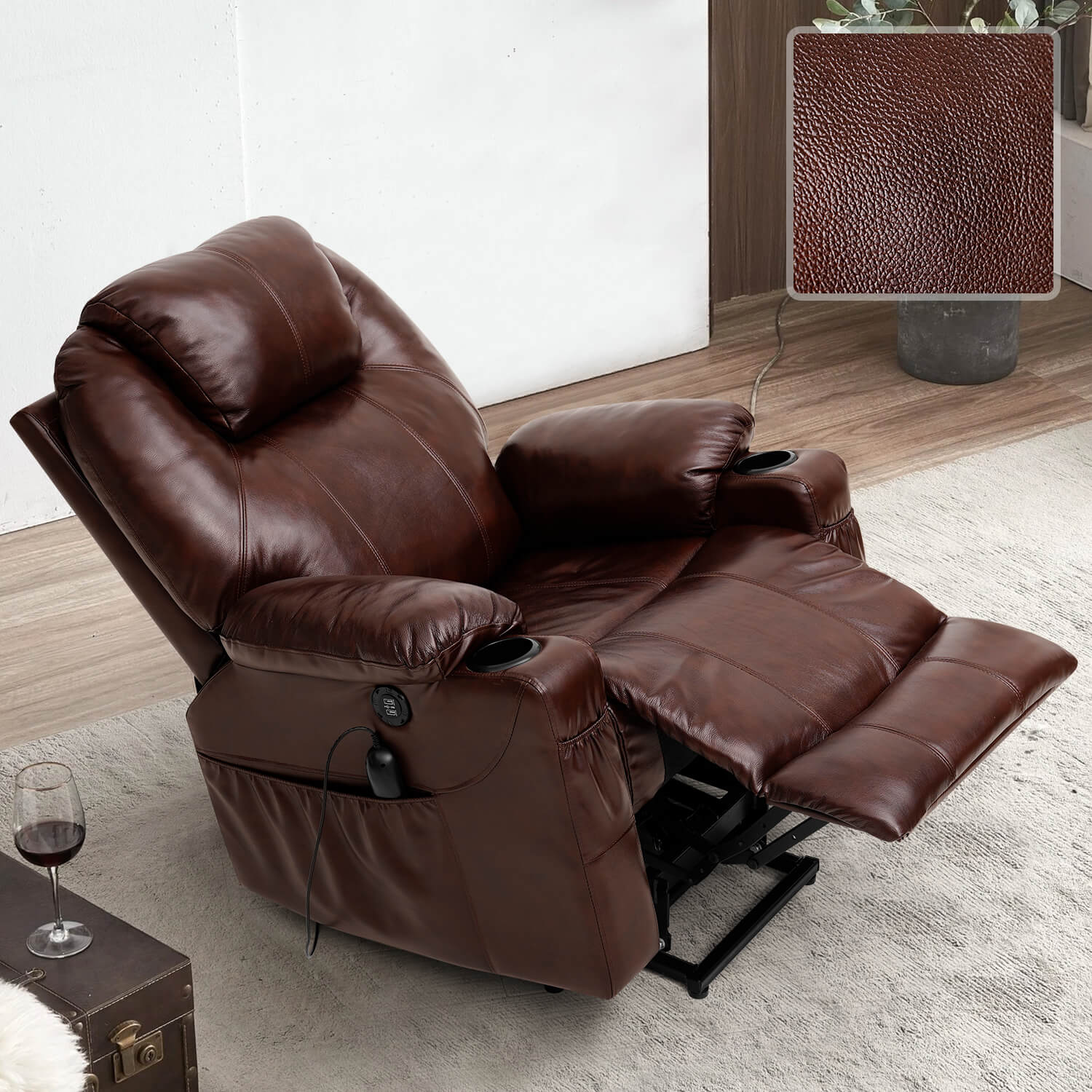 Fauteuil releveur électrique 3 positions avec repose-talon et massage, revêtement en cuir véritable