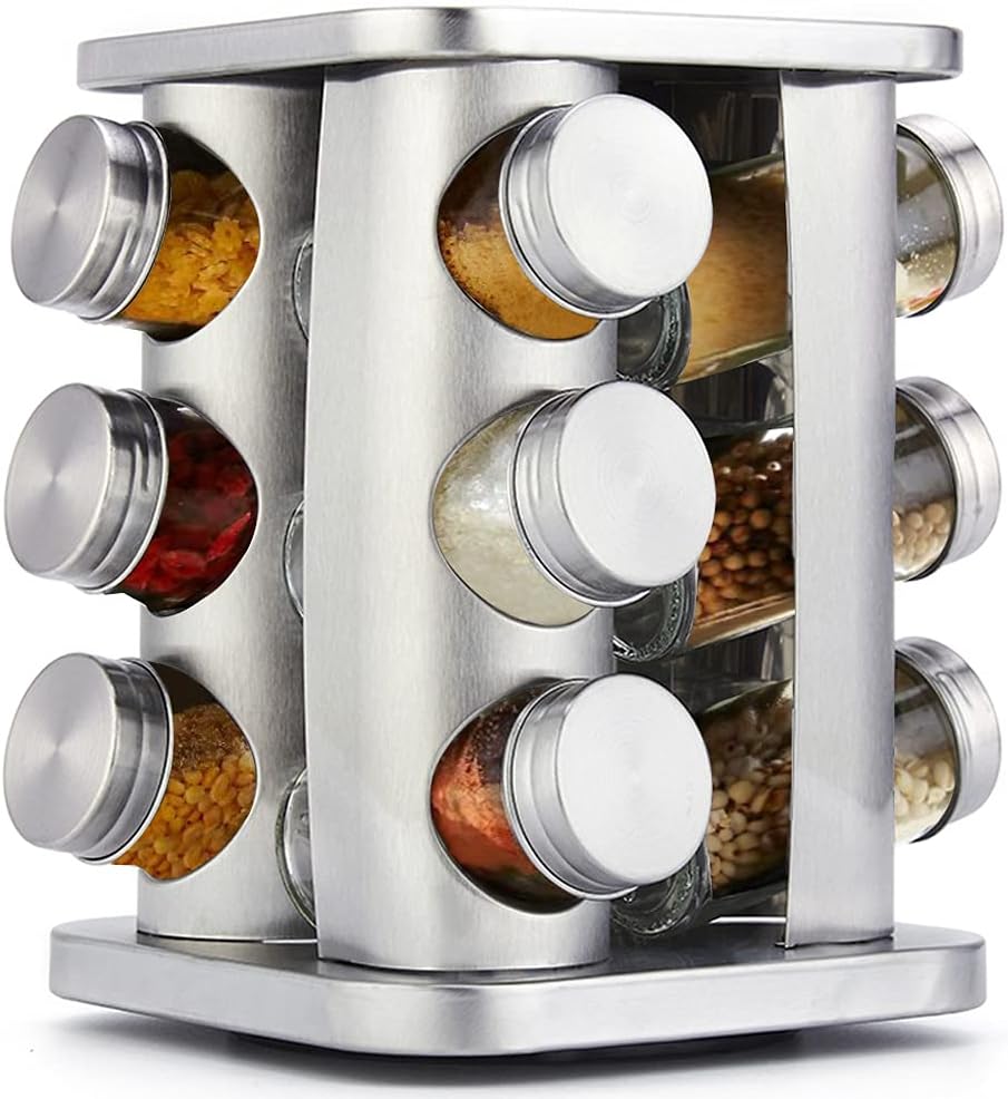 Rotating Spice Rack Organizer with 12 Jars - Revolving Standing Seasoning Tower with 12 Glass Bottles for Countertop Kitchen Cabinet, Stainless Steel, Silver