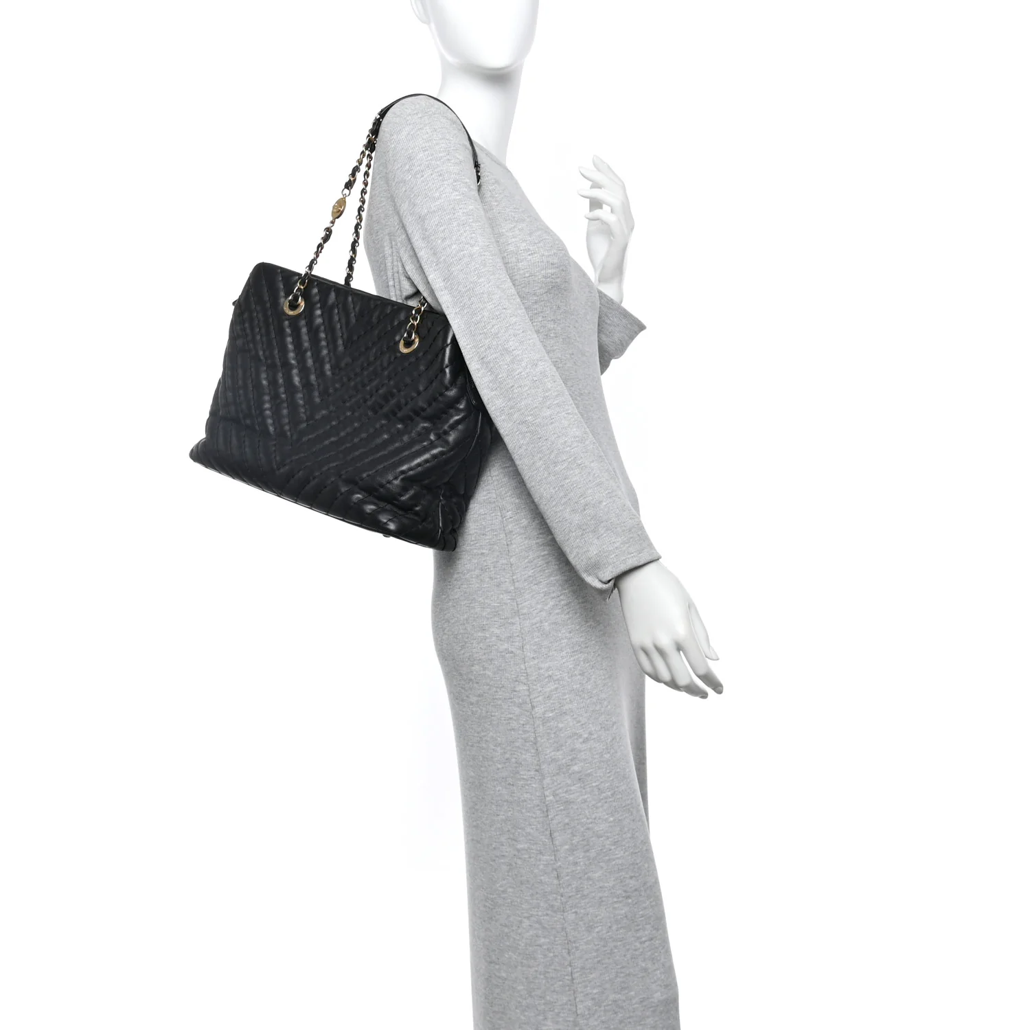 Calfskin Chevron Quilted Surpique Tote Black