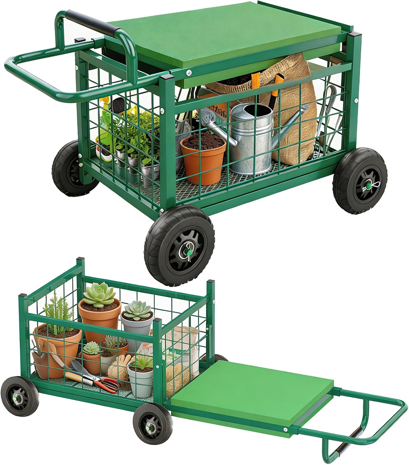 Extra-Large Rolling Garden Cart and Kneeler, 4-in-1 Garden Seat with Wheels