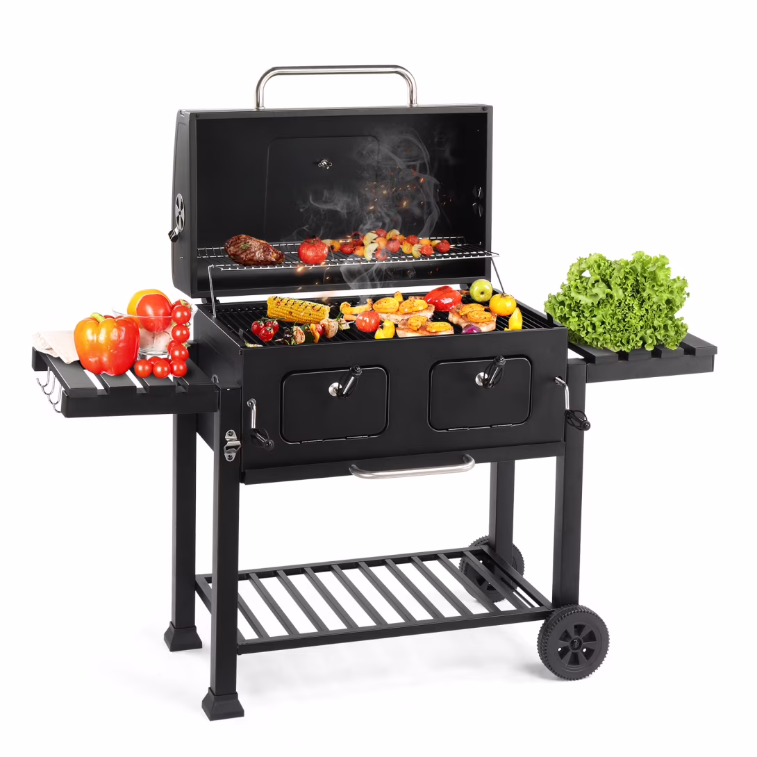 Charcoal Grill Outdoor BBQ Grill, Extra Large Cooking Fits up to 30 Burgers at Once, 2 Individual & Adjustable Charcoal Tray, Foldable Side Tables, for Outdoor Cooking Backyard Camping Picnics