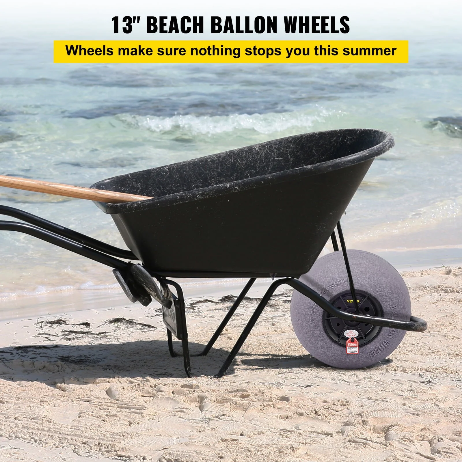 VEVOR Beach Balloon Wheels, 13" Replacement Sand Tires, TPU Cart Tires for Kayak Dolly, Canoe Cart and Buggy w/ Free Air Pump, 2 Pack Image 2