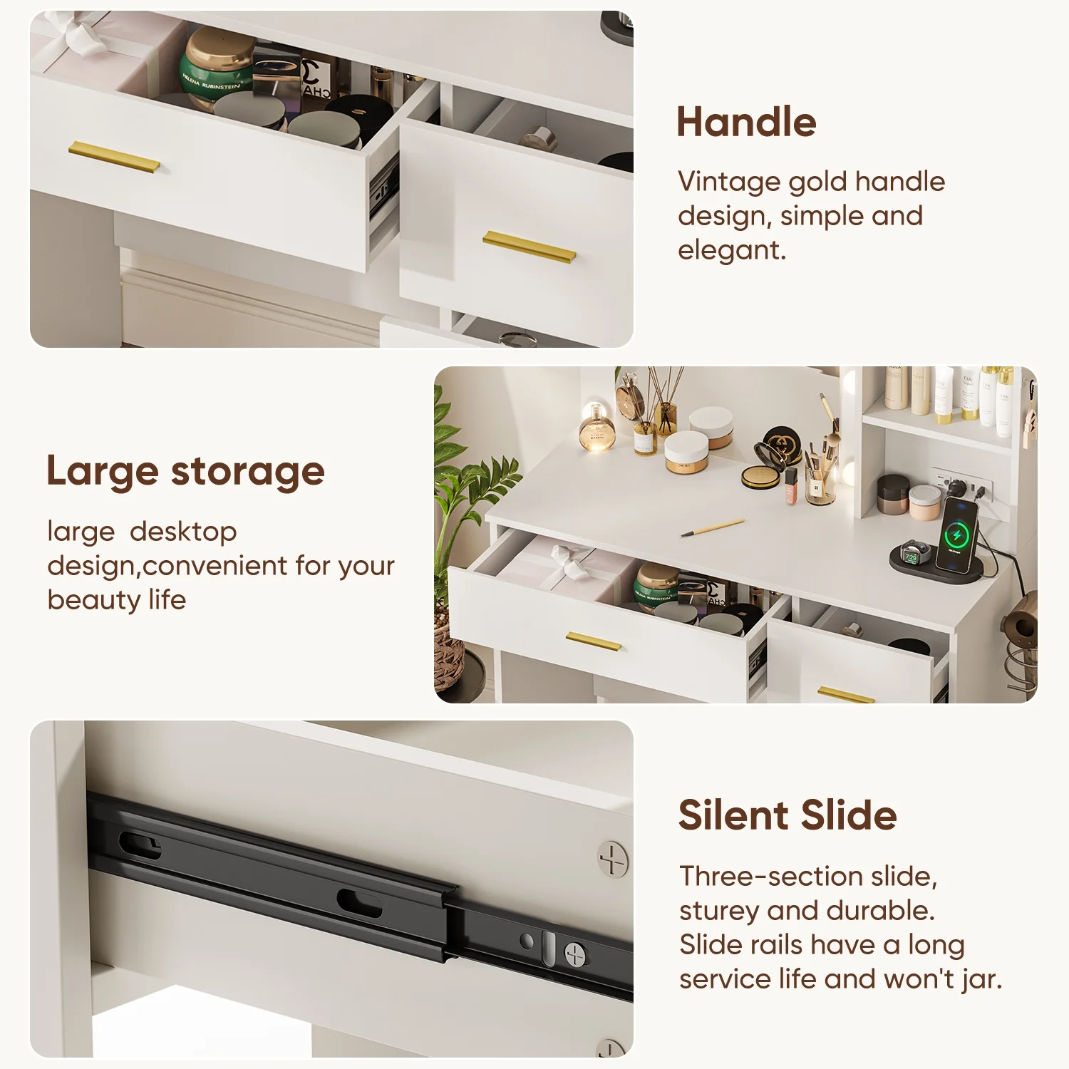 Makeup Vanity Desk with 3 Color Light Mirror, Vanity Table with 4 Drawers, Storage Shelf, Power Outlet, Adjustable Brightness Dressing Table, White(White 2) - Image 2