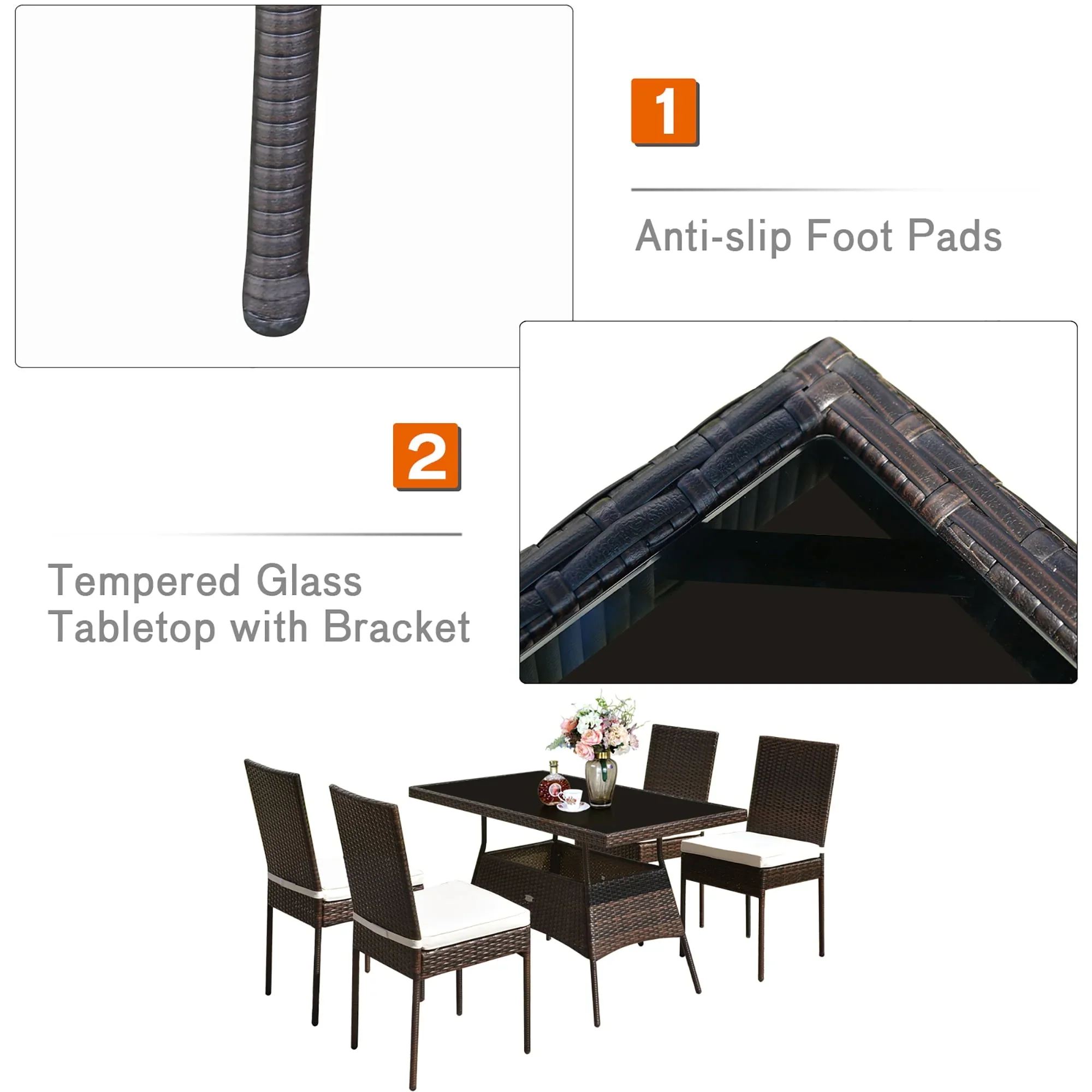 Costway 5 PCS Patio Rattan Dining Set Glass Table High Back Chair Garden Deck Mix Brown