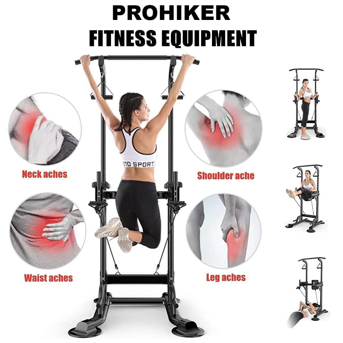 PROHIKER Power Tower Dip Station, Pull Up Bar Stand Power Rack with Backrest and Resistance Band, Height Adjustable Strength Training Equipment for Fitness Home Workout, Black Image 2