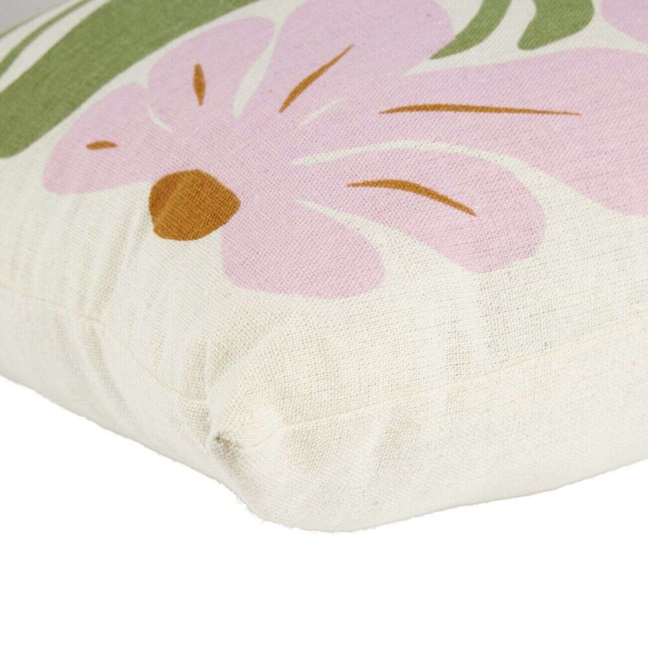 Coussin déco rectangulaire blanc motif floral rose et vert 30x50cm