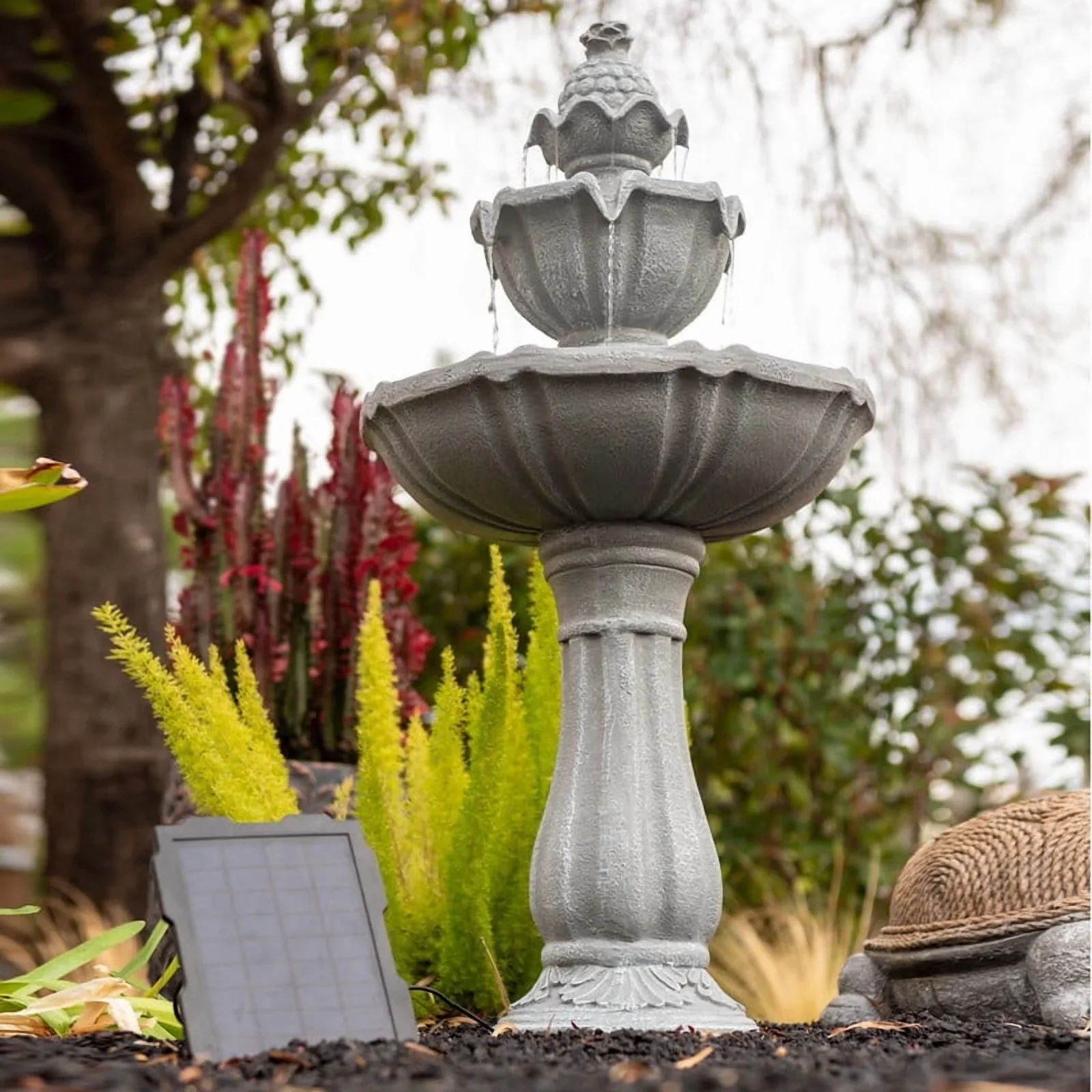 XBrand 36.2 2-Tier Outdoor Freestanding Solar Water Fountain - Classic Design, Grey Resin Bird Bath with Pump - Ideal for Yard, Lawn and Garden, Porch D��cor