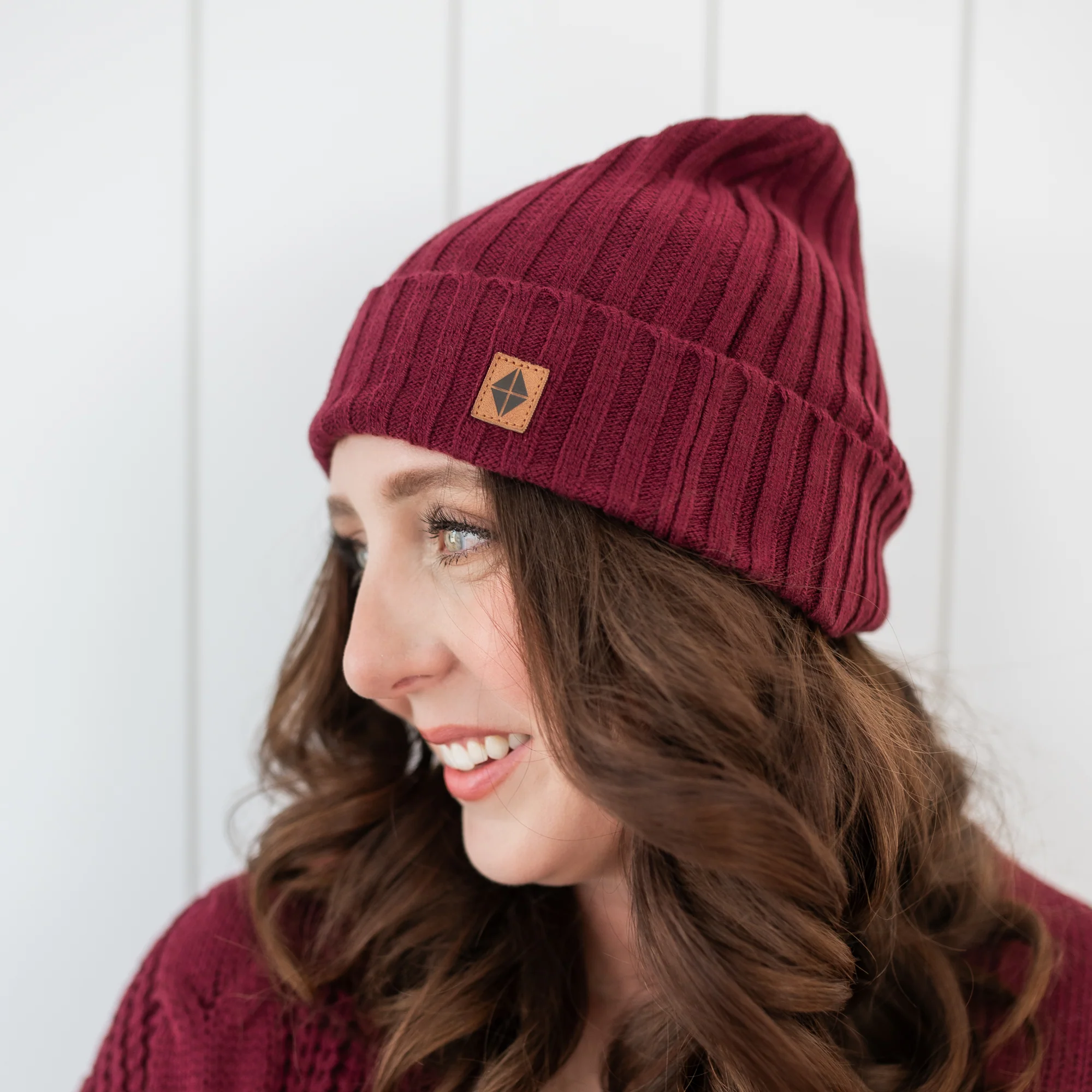 Chunky Knit Adult Ribbed Beanie in Burgundy