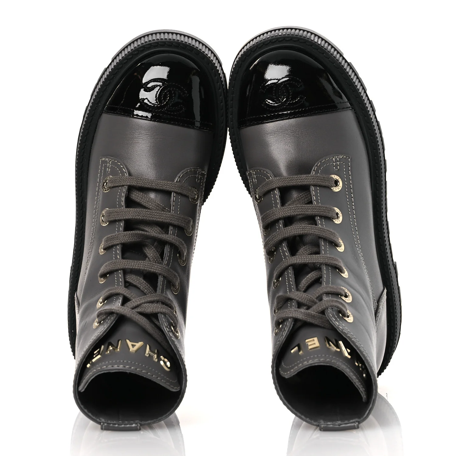 Calfskin Patent Calfskin CC Lace Up Combat Boots 36.5 Gray Black