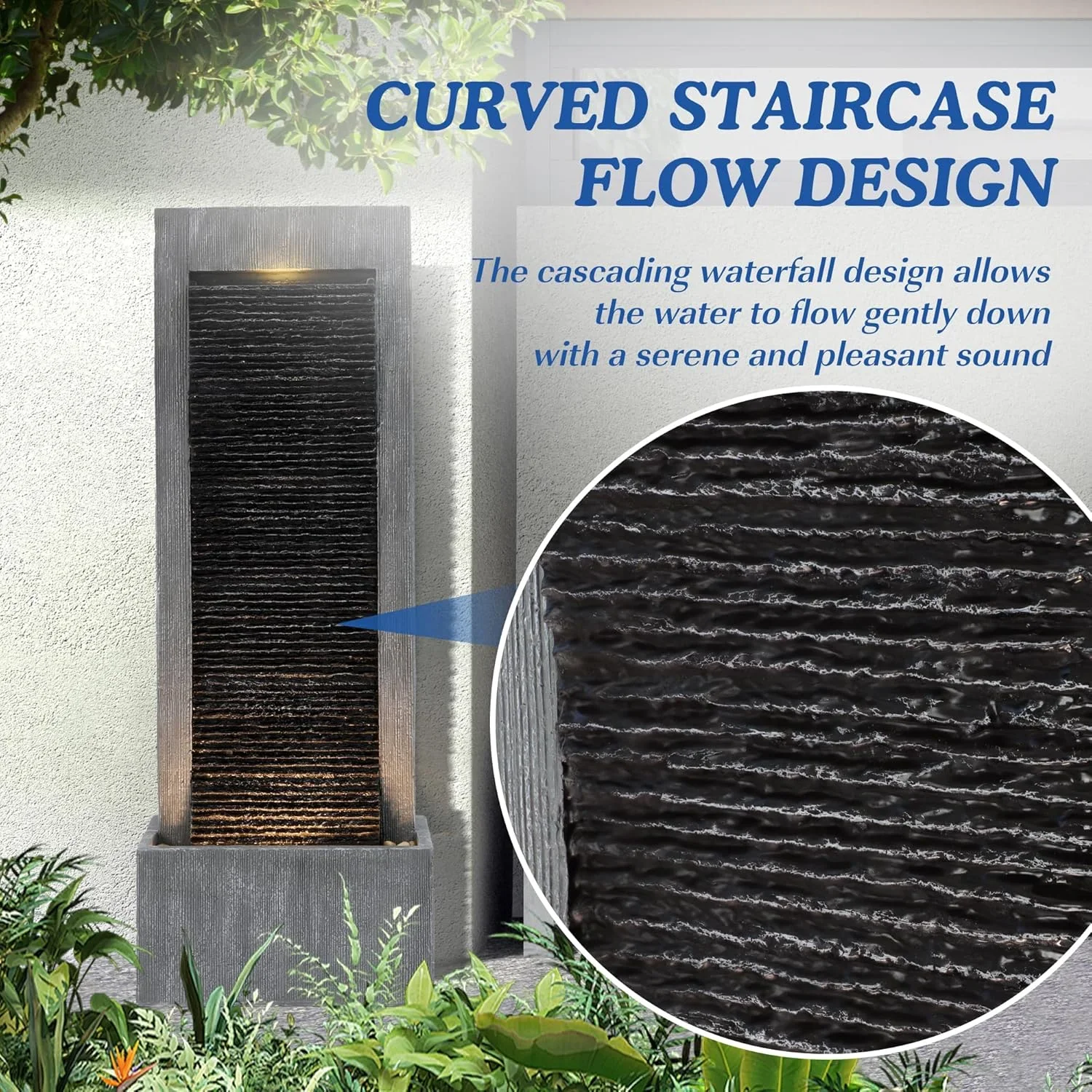 MAGIC UNION Water Fountain Outdoor Garden - Indoor Modern Water Fountain Freestanding Fountains, 49.6 H Contemporary Curves Garden Fountain with LED Lights, Pump and Natural Stones for Garden, Patio