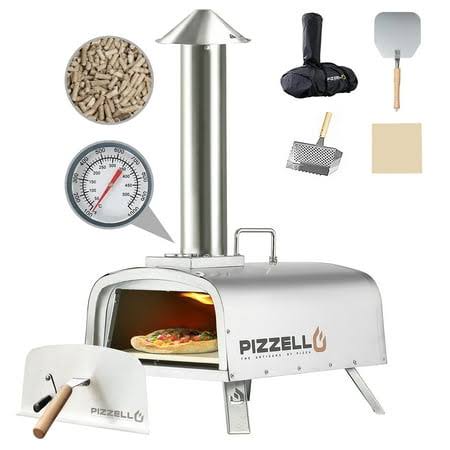 Pizzello Pellet Pizza Oven 12 inch Outdoor Wood Fired Pizza Ovens with Pizza Stone, Pizza Peel, Fold-Up Legs, Cover, Thermometer, Chimney - Sliver,