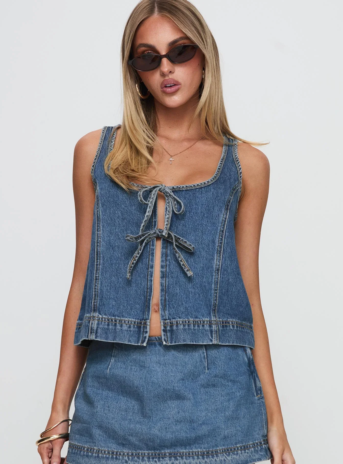 Stefenie Denim Tie Top Mid Wash