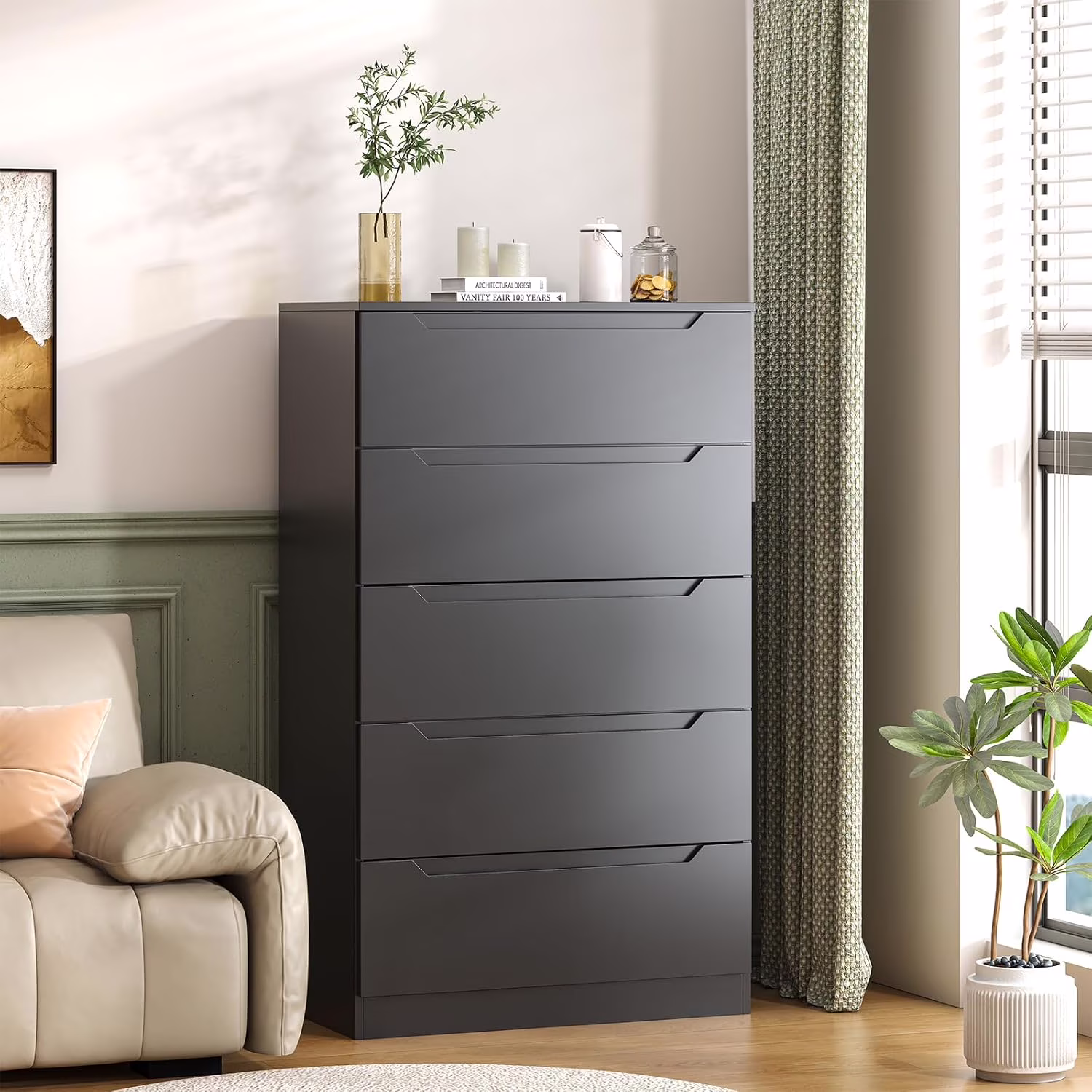 Vertical 5 Drawer Dresser, Wood Storage Cabinet with Upgraded Stable Base for Bedroom Living Room, Black(Black)
