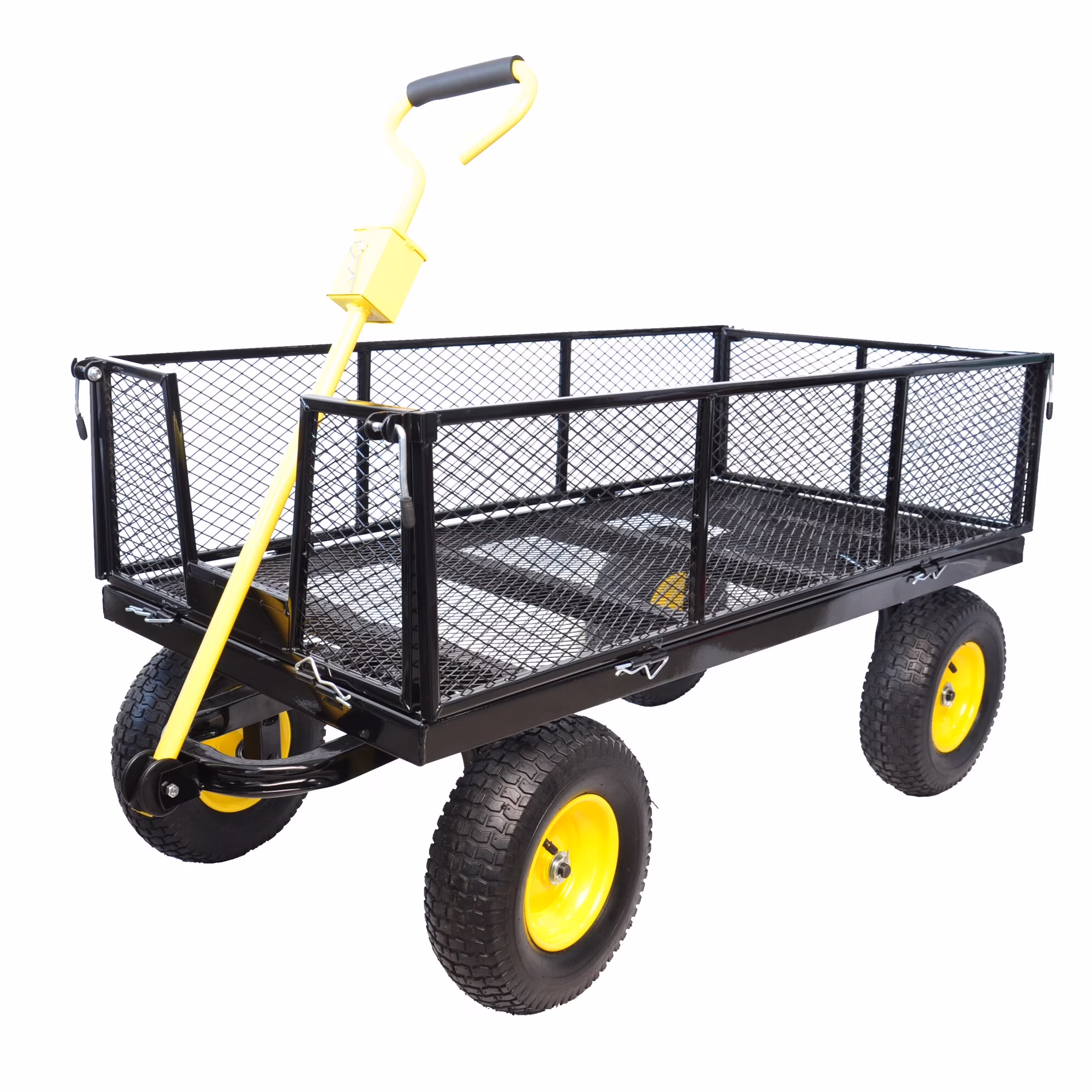 Push Pull Outdoor Garden Cart with 180 Degree Steering Range Handle and 4 Wheels, Tool Wagon Cart with Removable Mesh Fence, Metal Utility Wagon Truck for Grocery Camping Shopping Sports
