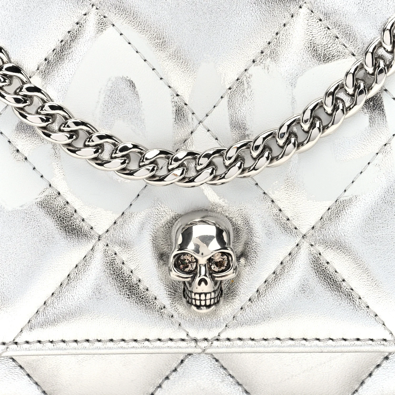 Metallic Calfskin Quilted Graffiti Skull Small Chain Crossbody Bag Silver
