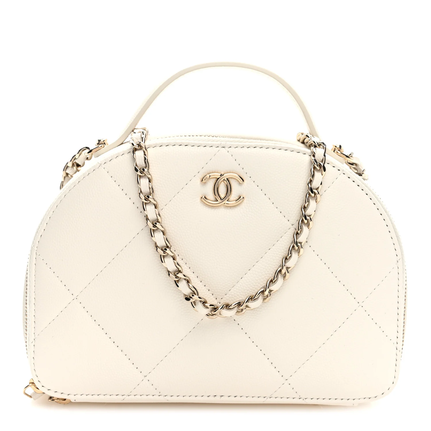 Grained Calfskin Quilted Top Handle Chain Clutch White