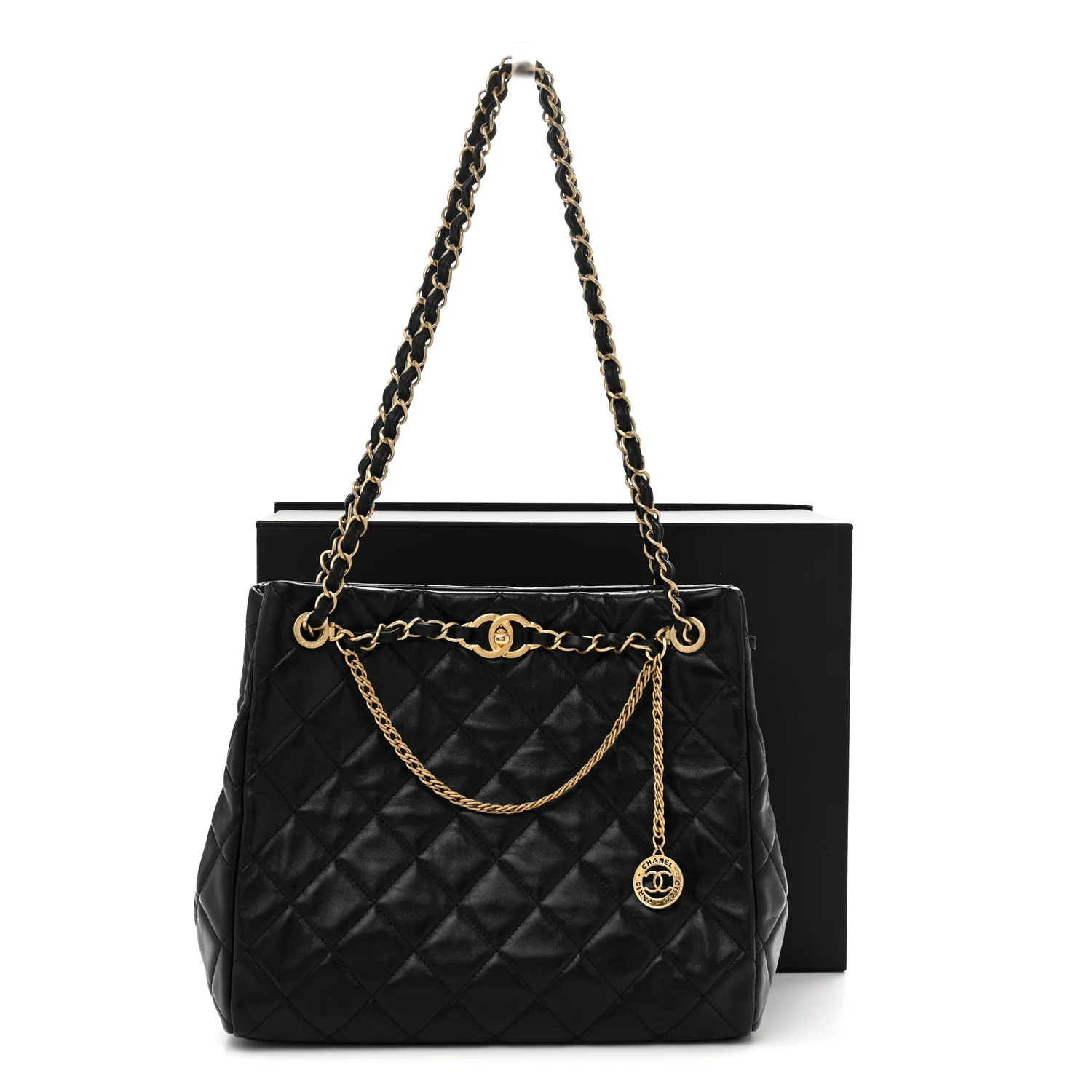 Shiny Calfskin Quilted Fancy Jewel Tote Bag Black