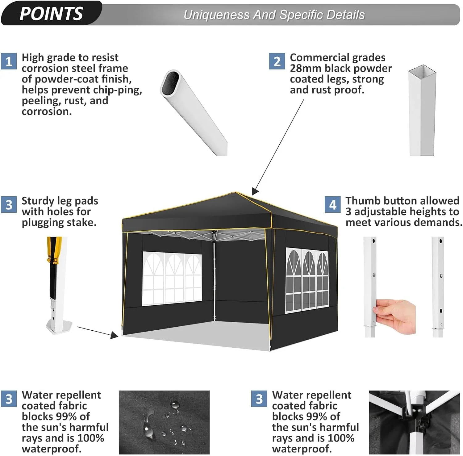 10x10 Pop up Canopy with Sidewalls,Waterproof Tent for Parties Wedding Event,Instant Outdoor Gazebos with Carry Bag,Stakes,Ropes Sandbags,Black(PVC Window/Black) - Image 6