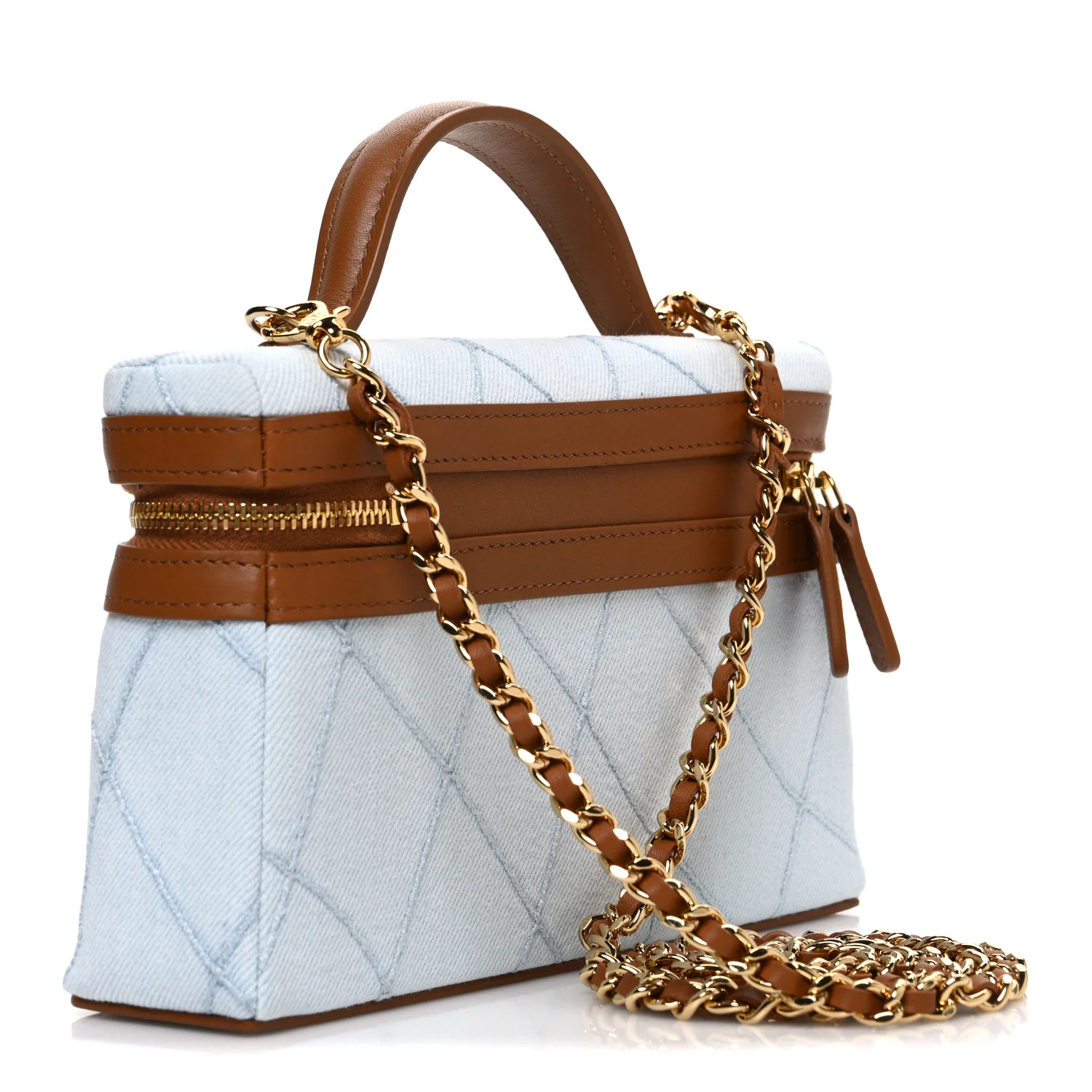 Washed Denim Calfskin Quilted Top Handle Slim Vanity Case With Chain Blue Brown