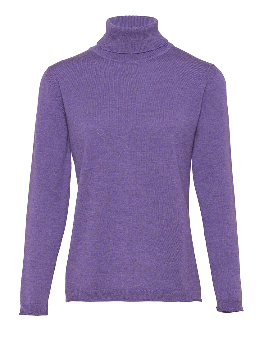Pull femme col roulé en laine mérinos violet foncé