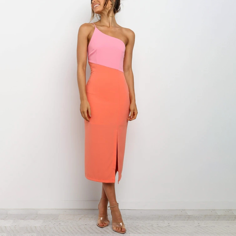 Robe sexy asymétrique à bretelles et couleur contrastée
