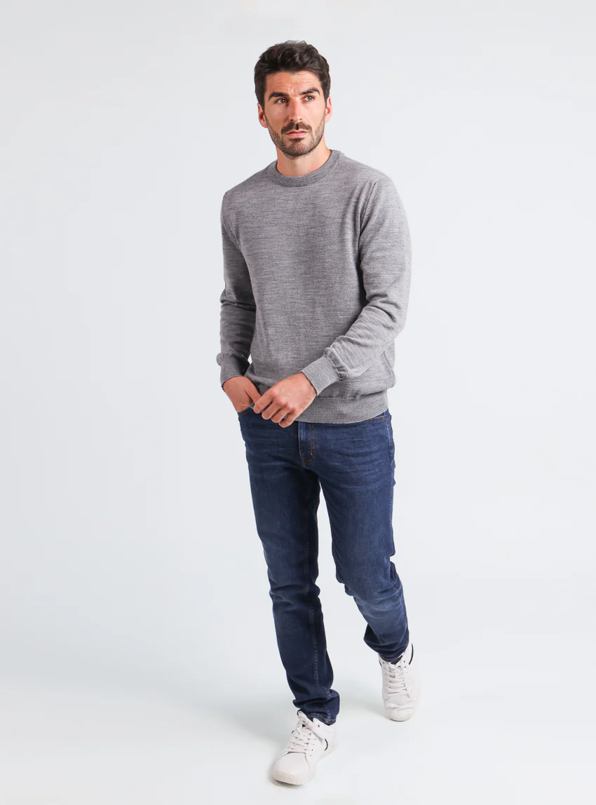 Pull homme col rond laine mérinos Gris Léger