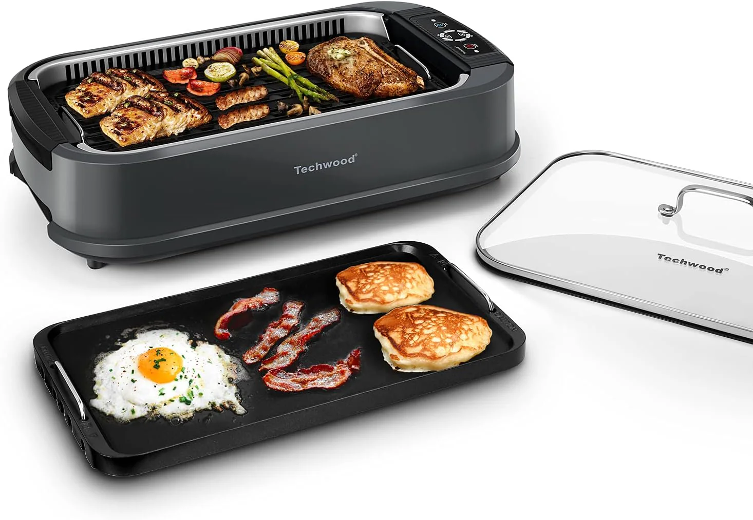 Gril d'intérieur Techwood 1500 W sans fumée avec couvercle en verre trempé, compact et portable, antiadhésif, 6 niveaux de cuisson, compatible lave-vaisselle, noir.