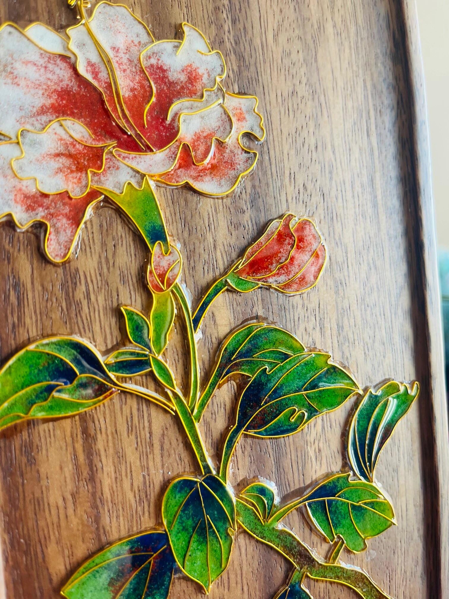 DIY Filigree Cloisonne Enamel Paint by Numbers Kit,Oriental Garden on Luxury Walnut Wood,Pre-Drawn Painting for Adults Beginners and Kids,5