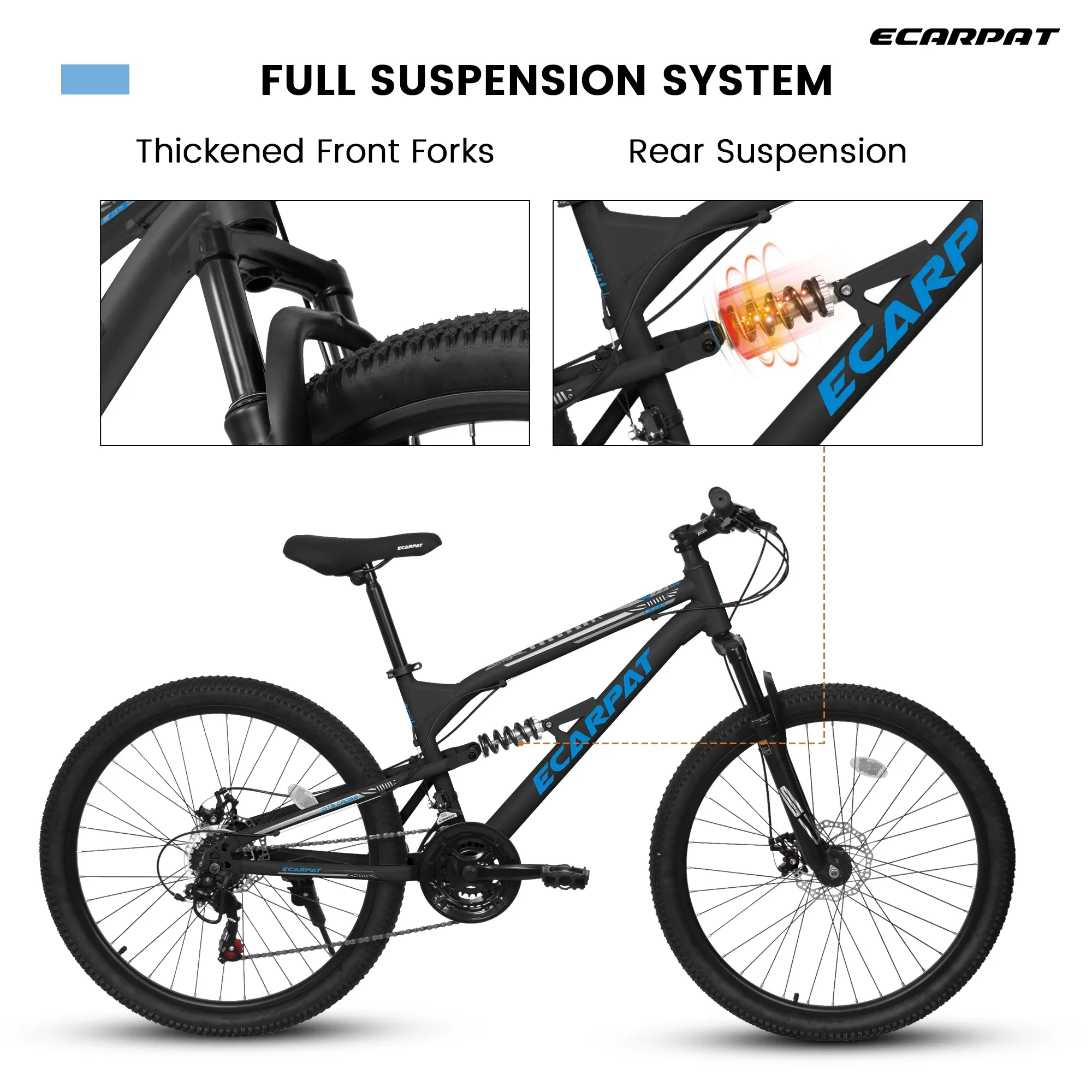 26 Inch Mountain Bike, Dual Full Suspension 21-Speed Disc Brakes Thumb Shifter, Carbon Steel Frame Mountain Bike, Mens Womens Trail Commuter City Bicycles