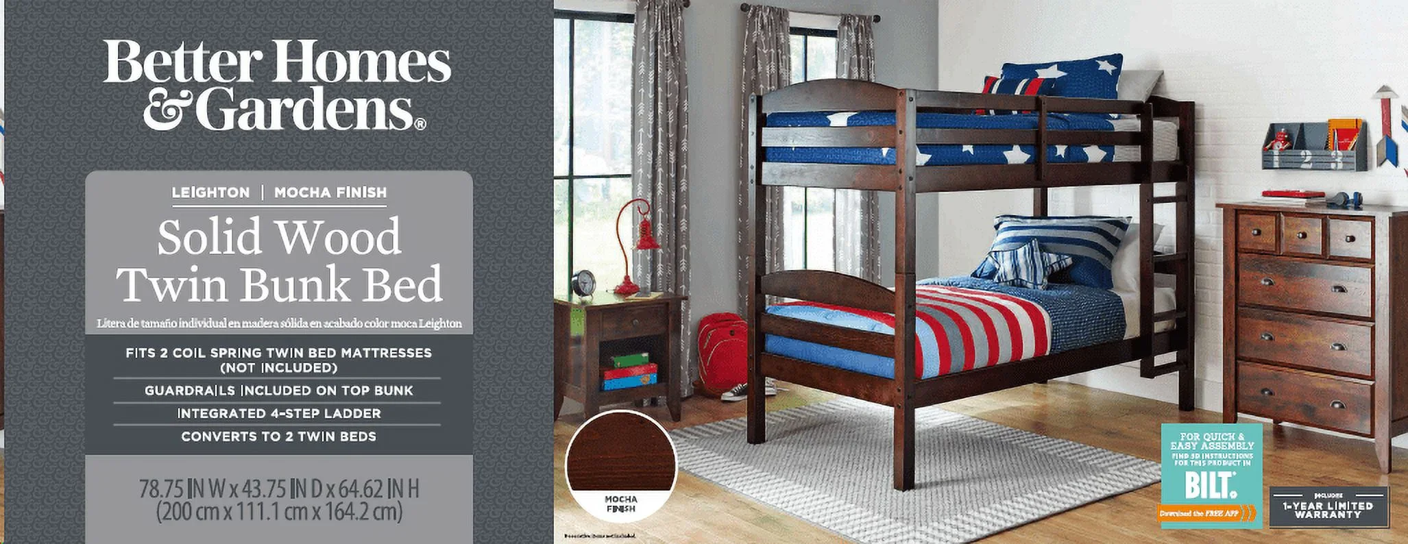 Better Homes & Gardens Leighton Solid Wood Twin-over-Twin Convertible Bunk Bed, Vanilla