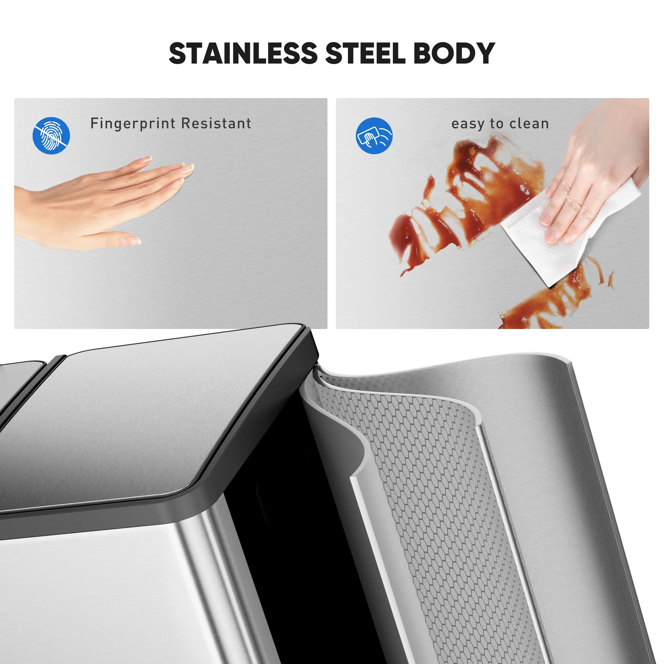 2 x 8.3 Gallon Dual Garbage Recycle Trash Can with Lid, Inner Buckets for Kitchen, Stainless Steel, Sliver(Sliver) - Image 8