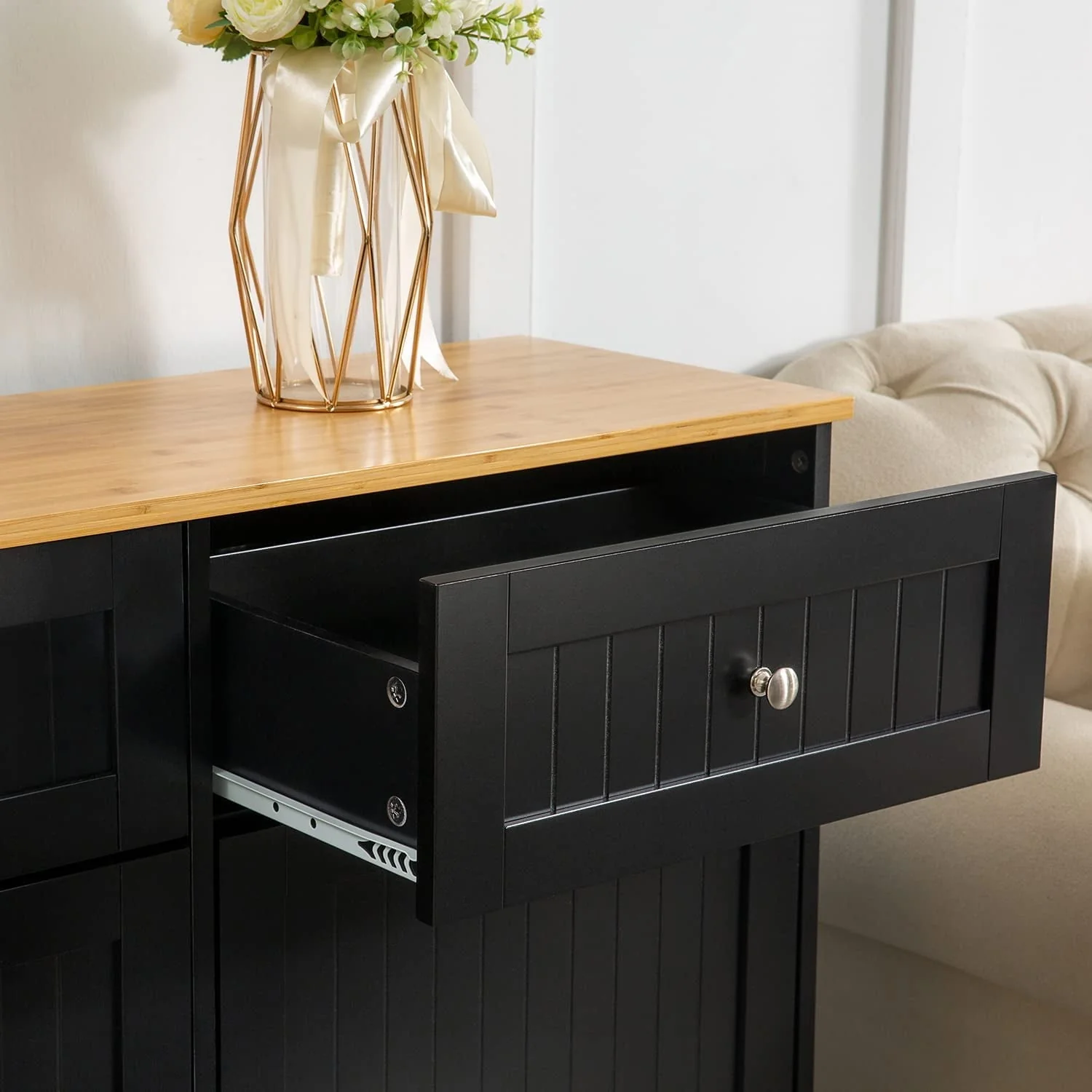 Kitchen Trash Cabinet Double Tilt Out Trash Cabinet with 2 Hideaway Drawers, Solid Wood Tabletop Free Standing Recycling Cabinet Pet Proof Trash Can Holder with Storage, Black(Black) Image 6