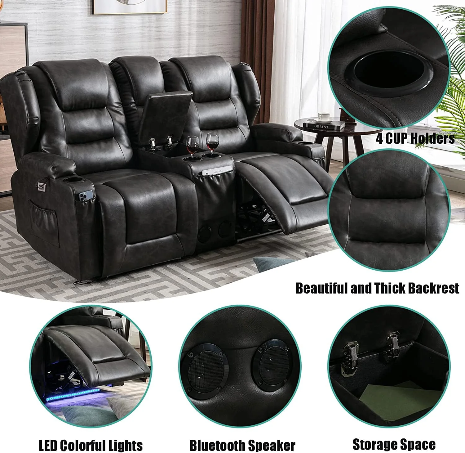 Electric Home Theater Seating- Power Recline Chair Loveseat RV Sofa with Console, 67" Double Recliner 2-Seater RV Couch with Storage/USB Charging/Lighting/Cup Holders for Living Room(Black) - Image 9