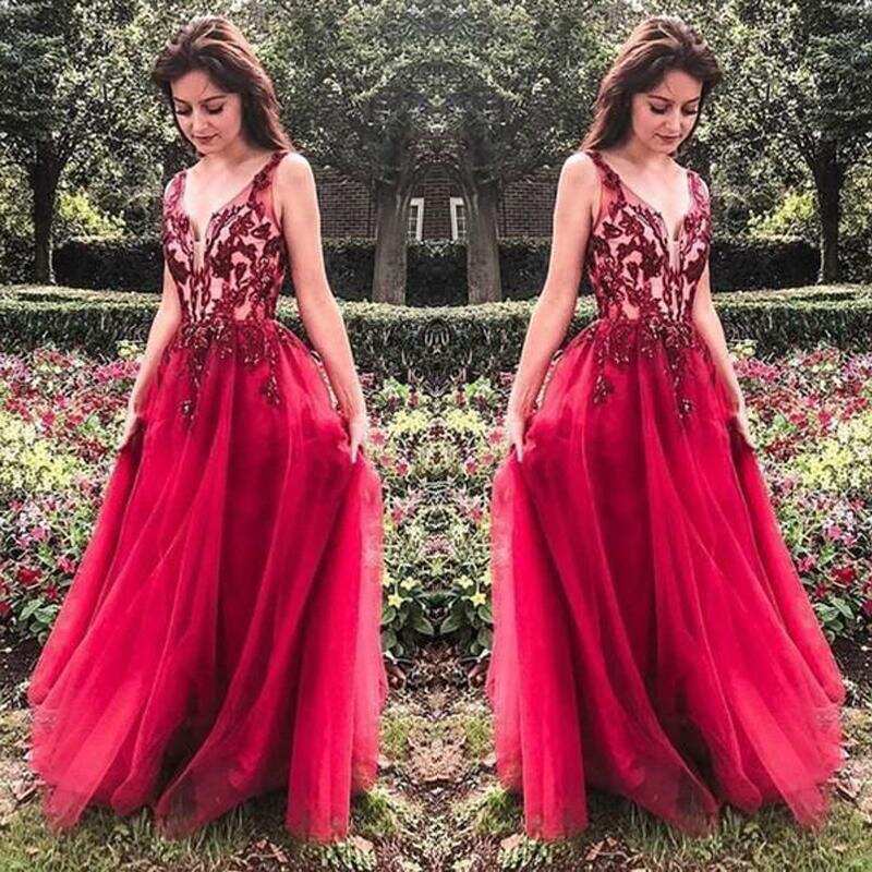 Unique Red V Neck Tulle Appliques Prom Dresses, Long Party Gowns DMH15