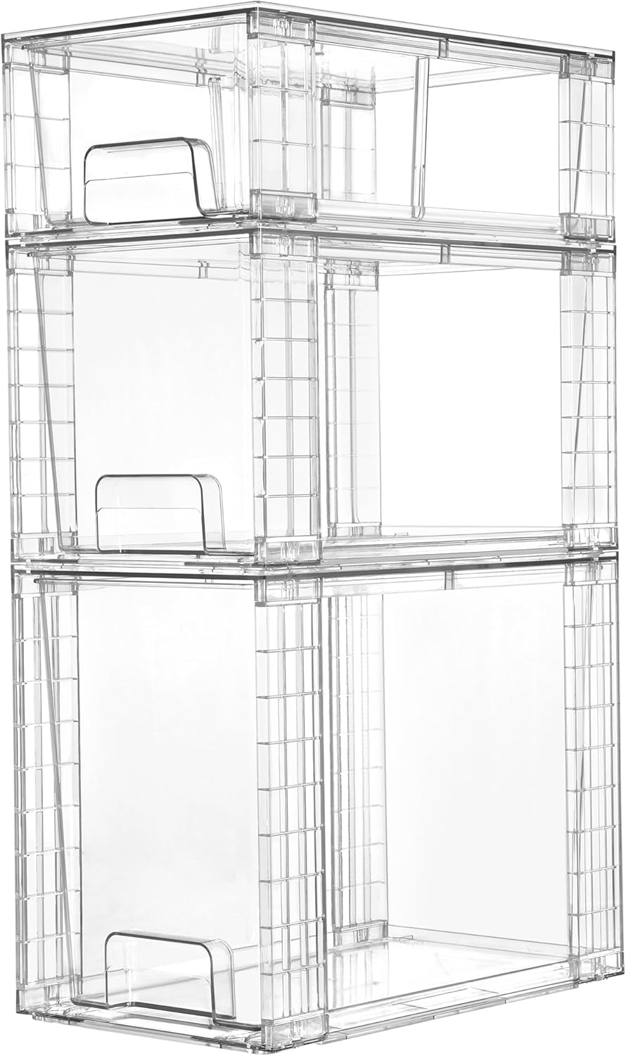 Vtopmart 3 Pack Clear Stackable Storage Drawers, Easy to Assemble Bathroom Organizers and Storage with Handles, Plastic Drawers for Kitchen Pantry, Cabinet, Under Sink Organization