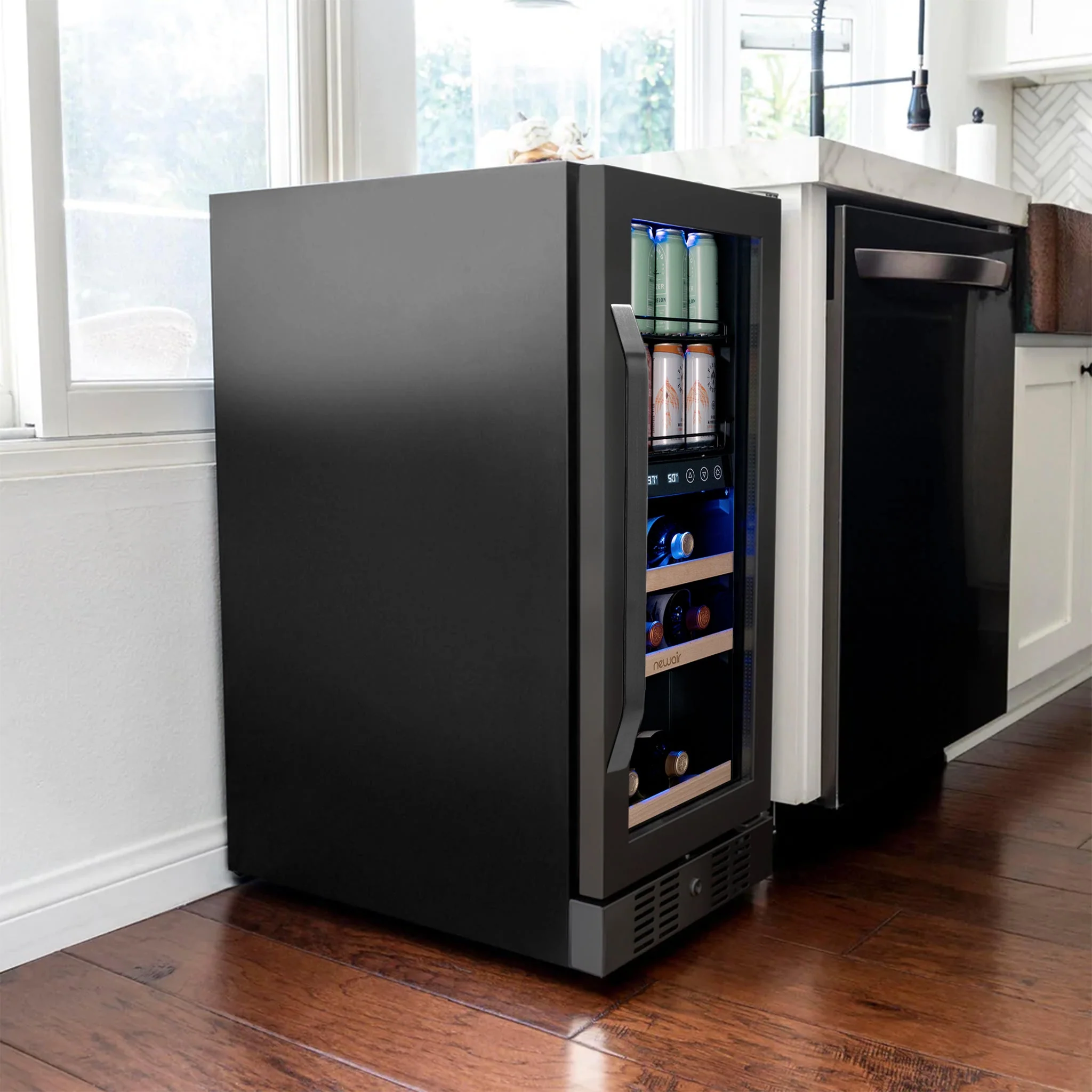 Newair 48-Can, 13-Bottle Built-in Dual Zone Black Beverage Fridge - 15