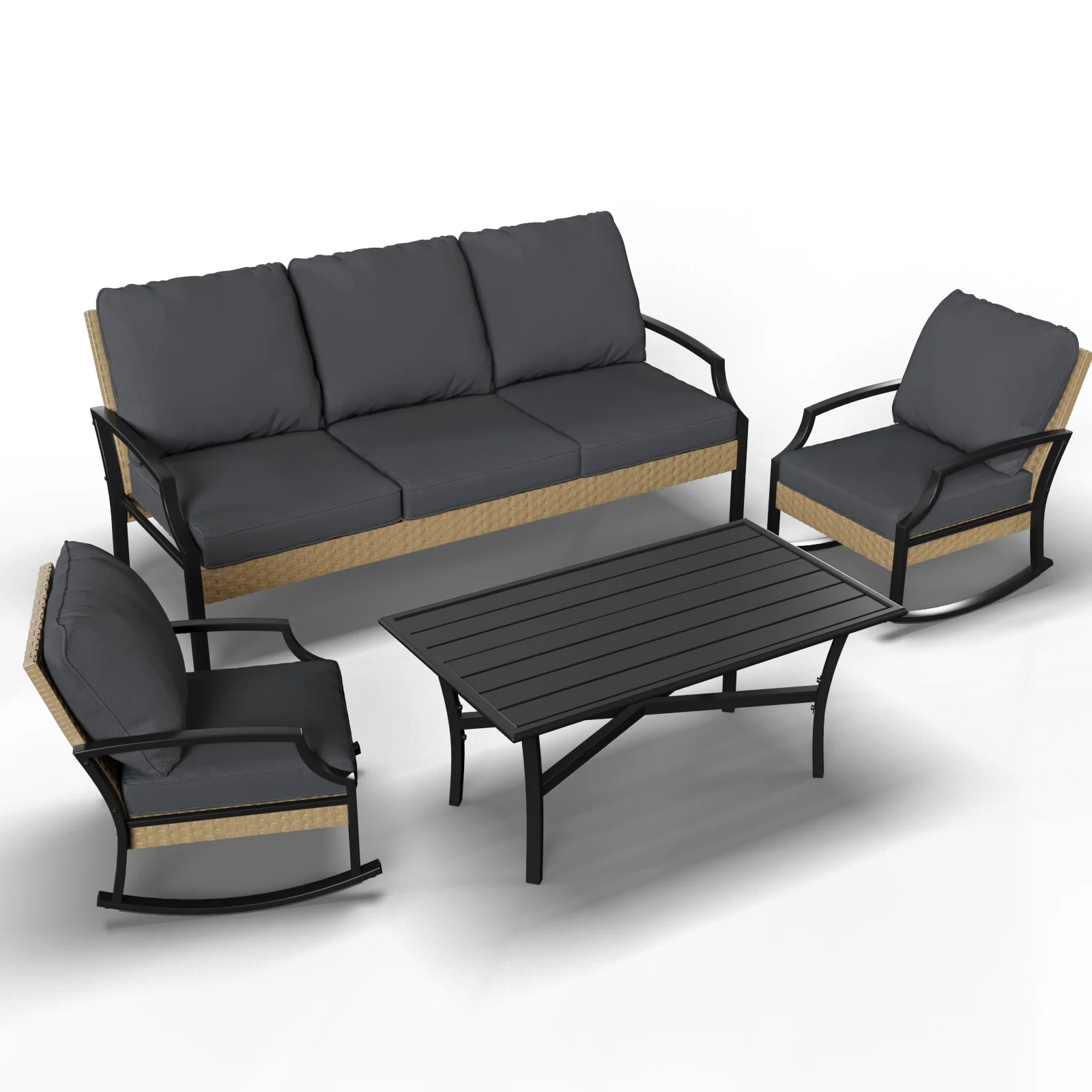 AECOJOY Outdoor Patio Furniture Set with Rocking Chair, 4 Piece Rattan Conversation Bistro Set with Coffee Table, Gray