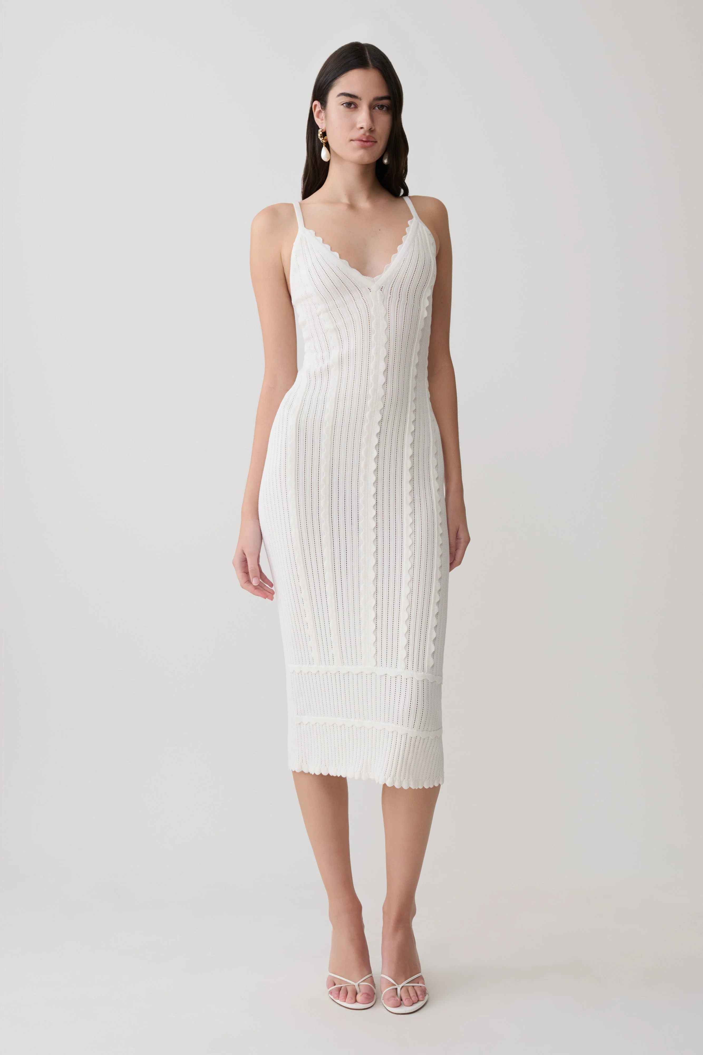 Cooper Scalloped Neckline Pointelle Midi Dress - White