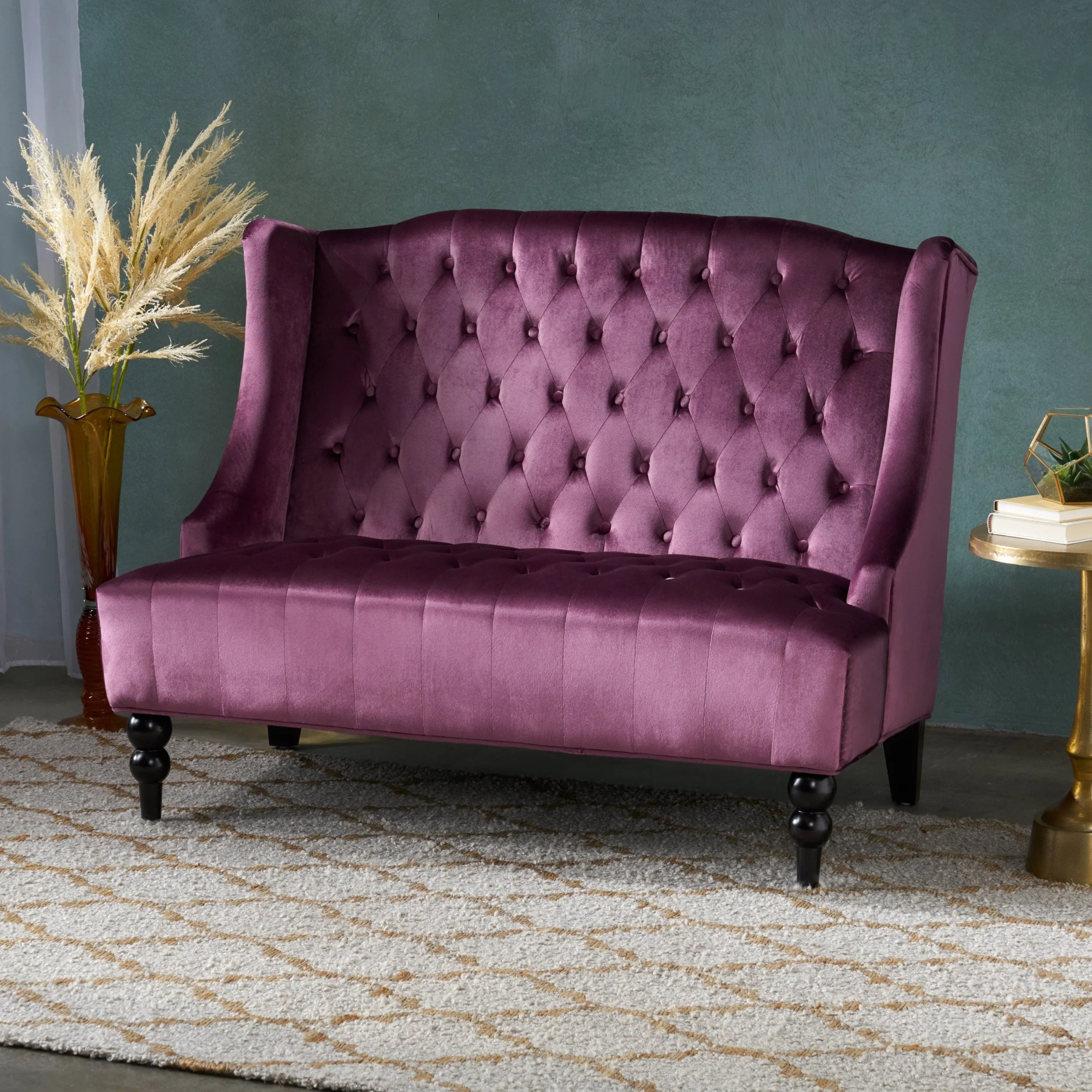 Christopher Knight Home Leora Modern Glam Tufted Velvet Wingback Loveseat by Armless Emerald Semi - Firm