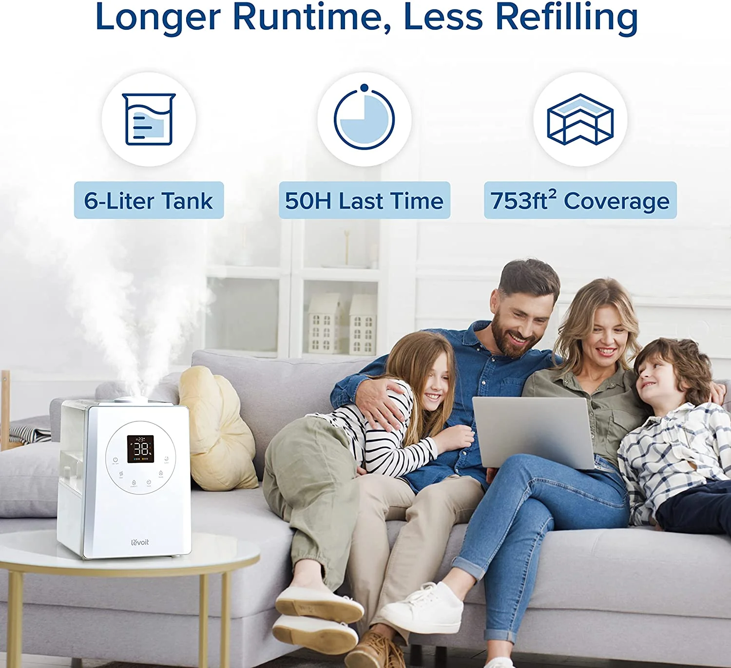 Smart Warm and Cool Mist Humidifier for Room, 6L Top Fill Air Vaporizer for Large Rooms, LV600s, White(6L white) - Image 2