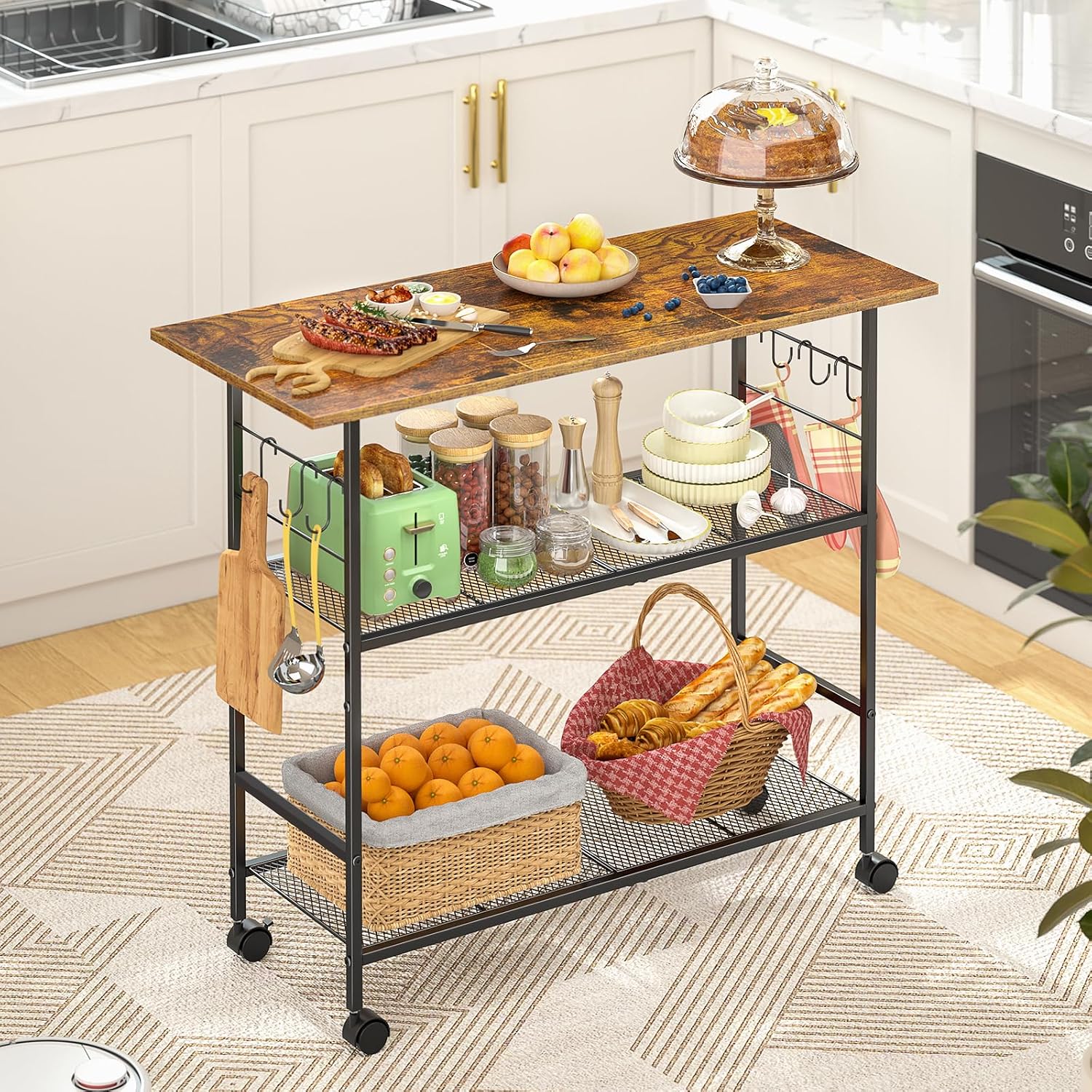 Kitchen Island with 3 Shelves, Rolling Kitchen Cart with 6 Hooks and Protective Shelf, Microwave Stand on Lockable Wheels, Bakers Rack Coffee Bar for Dining, Living Room, Outdoor, Metal Frame
