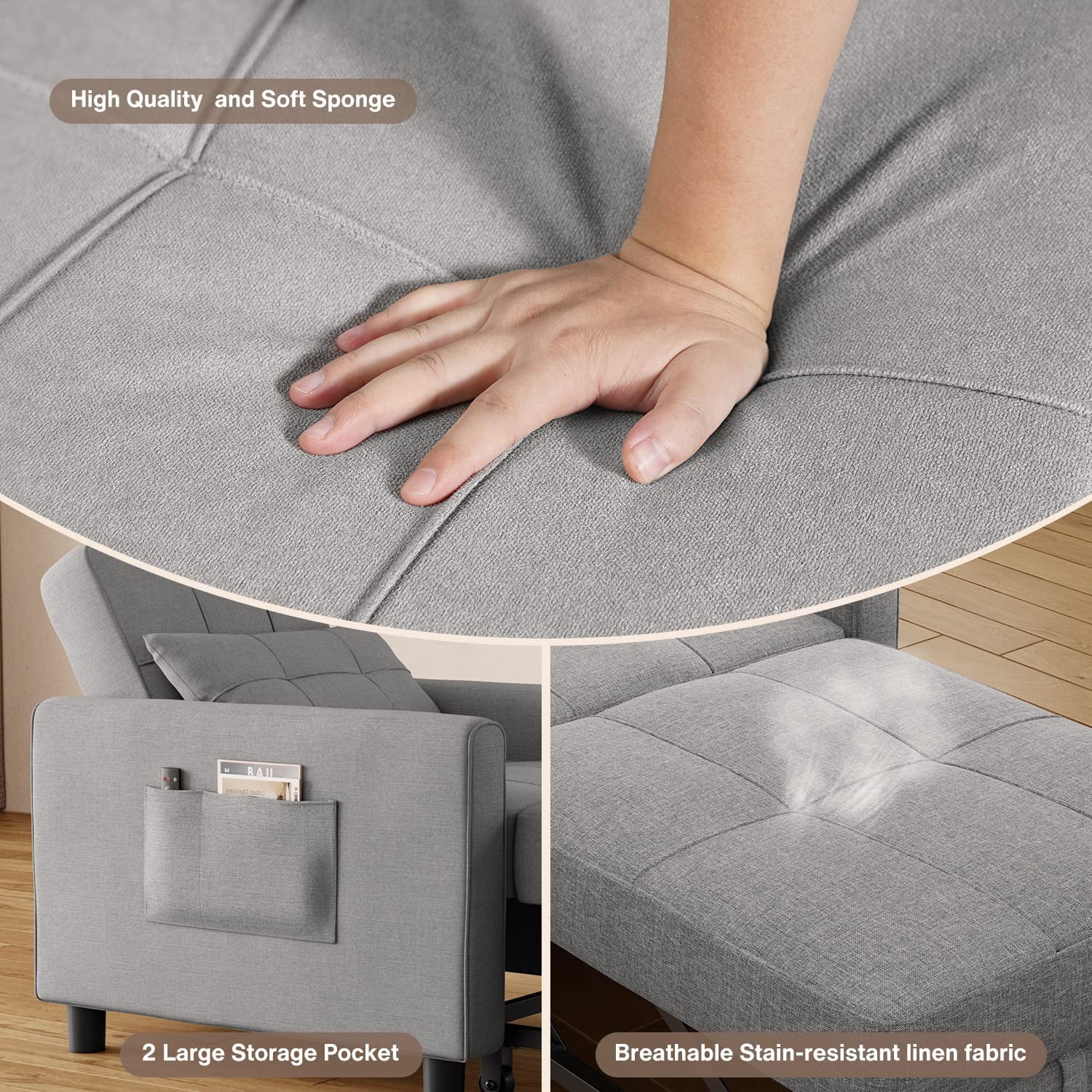 Lofka Chair Bed, Convertible Sofa Bed Couch Recliner Single Bed for Living Room/Office/Bedroom, Light Gray(Dark Gray) Image 3