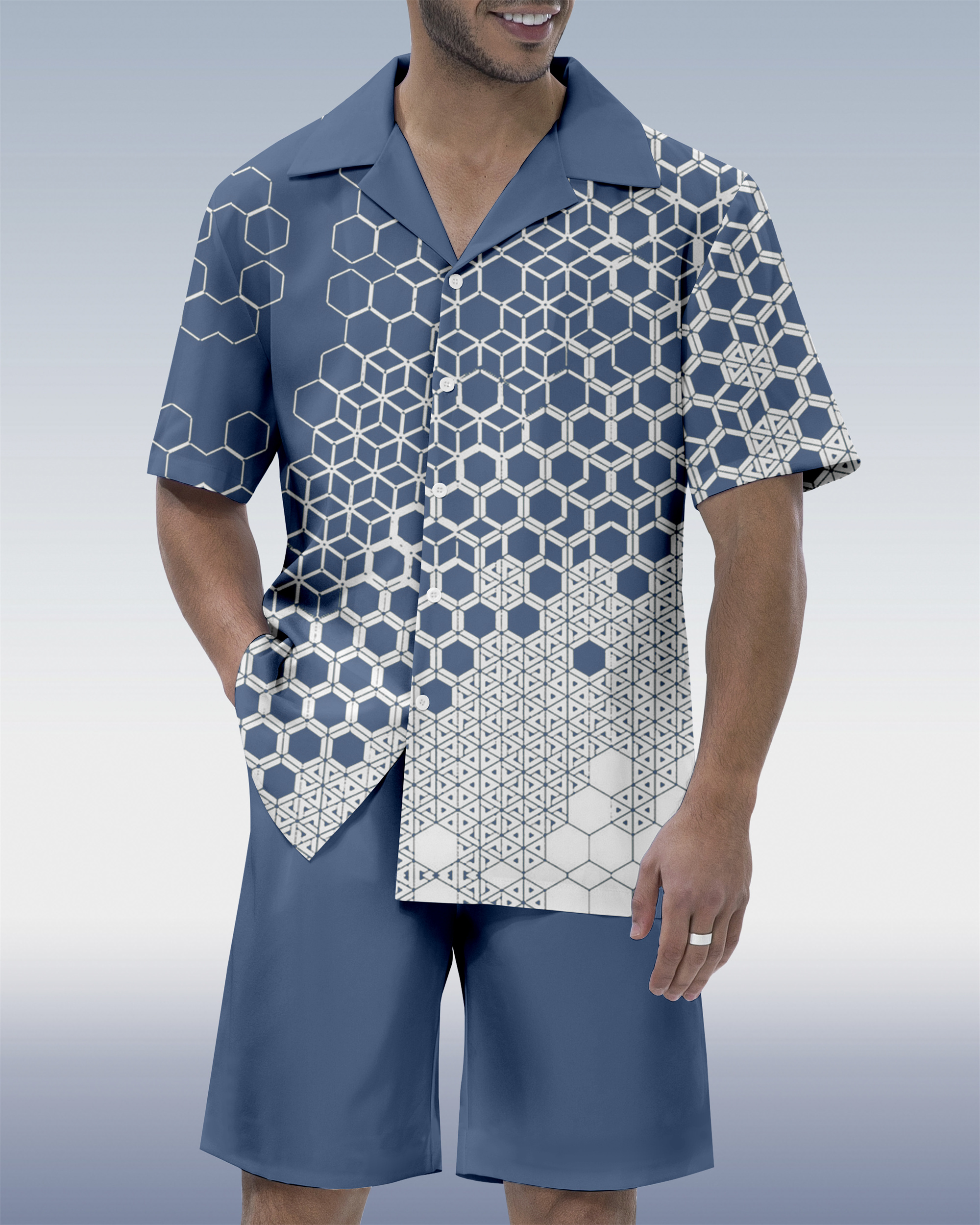 Ensemble chemise homme à manches courtes, col cubain, motif géométrique hawaïen colorblock 07